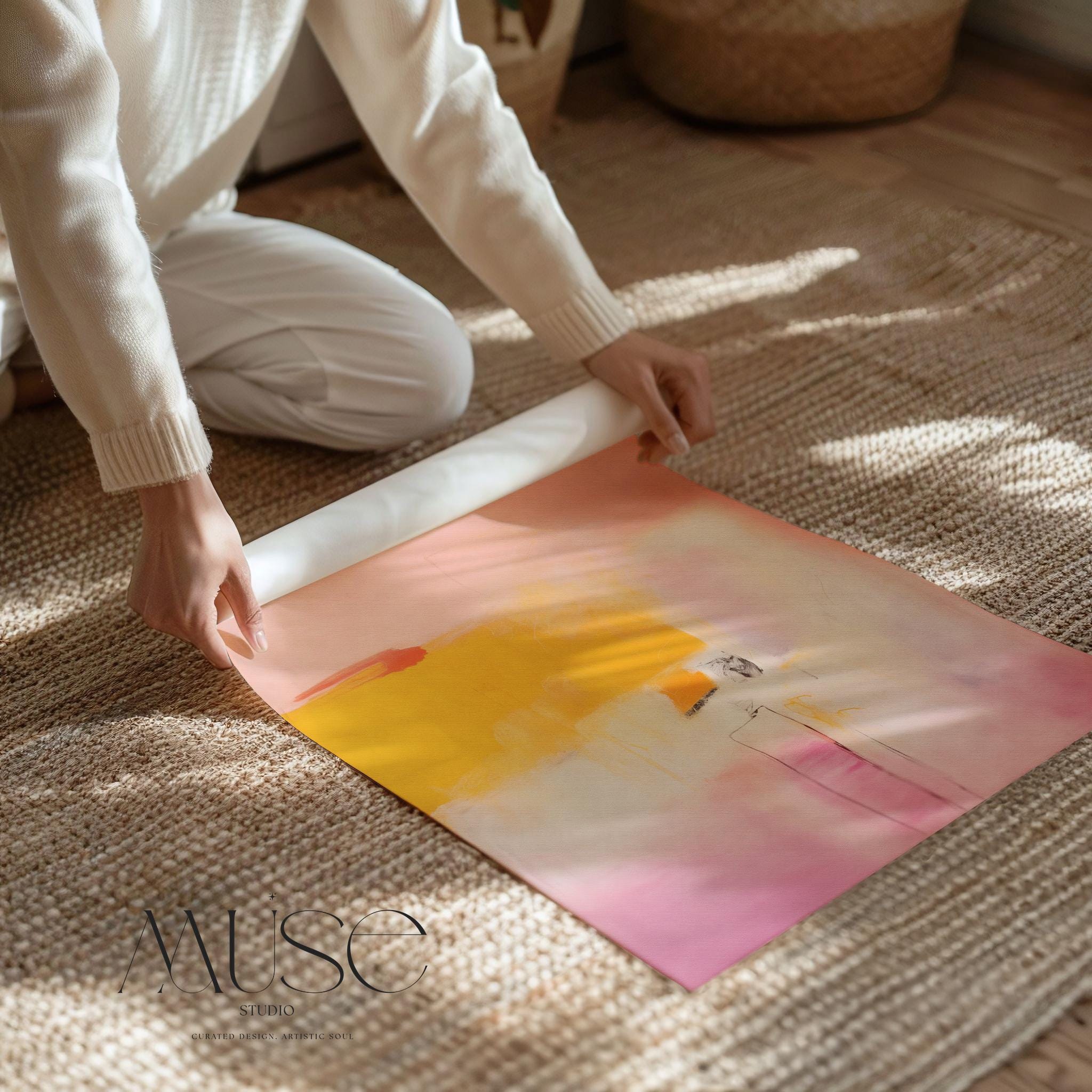 Large giclée art print featuring a bold abstract composition in warm pink, yellow, and soft ivory tones. Printed on fine cotton rag paper or archival rolled canvas, ideal for custom framing. This modern poster-style artwork brings joyful minimalism and soft contemporary elegance to entryways, offices, or creative interiors. Designed by Muse Studio for designer-focused decor in bright, transitional spaces.