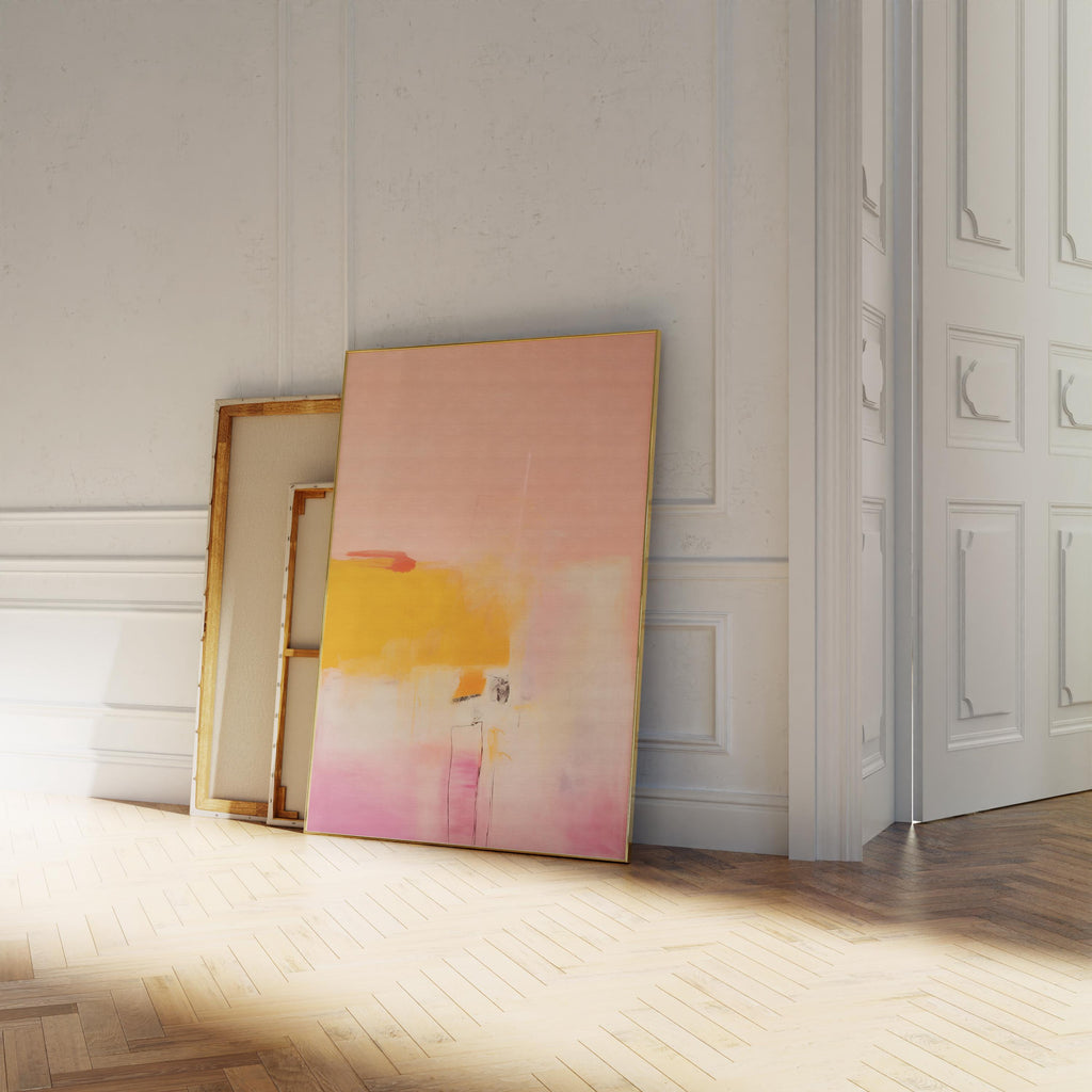 Large giclée art print featuring a bold abstract composition in warm pink, yellow, and soft ivory tones. Printed on fine cotton rag paper or archival rolled canvas, ideal for custom framing. This modern poster-style artwork brings joyful minimalism and soft contemporary elegance to entryways, offices, or creative interiors. Designed by Muse Studio for designer-focused decor in bright, transitional spaces.