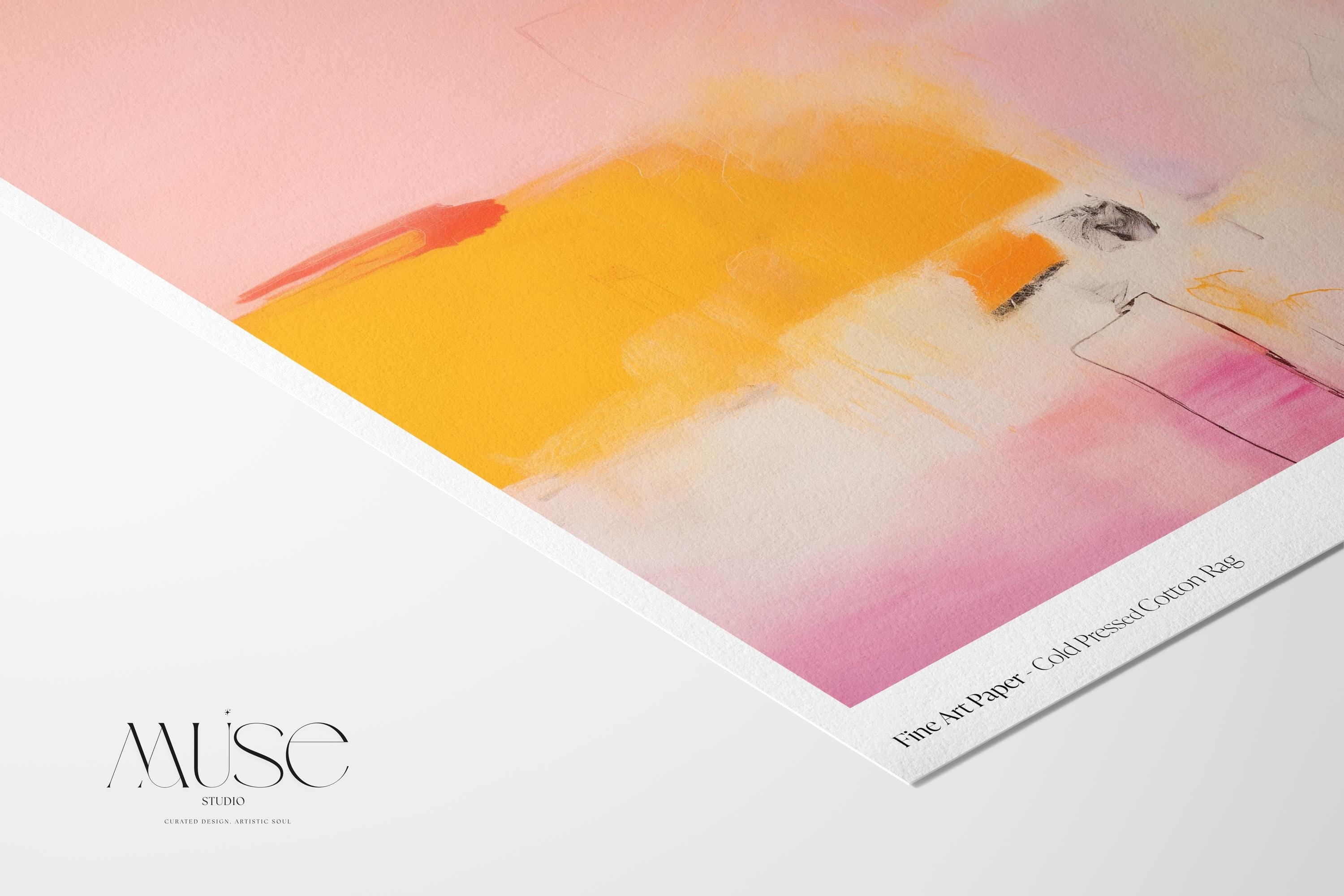 Large giclée art print featuring a bold abstract composition in warm pink, yellow, and soft ivory tones. Printed on fine cotton rag paper or archival rolled canvas, ideal for custom framing. This modern poster-style artwork brings joyful minimalism and soft contemporary elegance to entryways, offices, or creative interiors. Designed by Muse Studio for designer-focused decor in bright, transitional spaces.