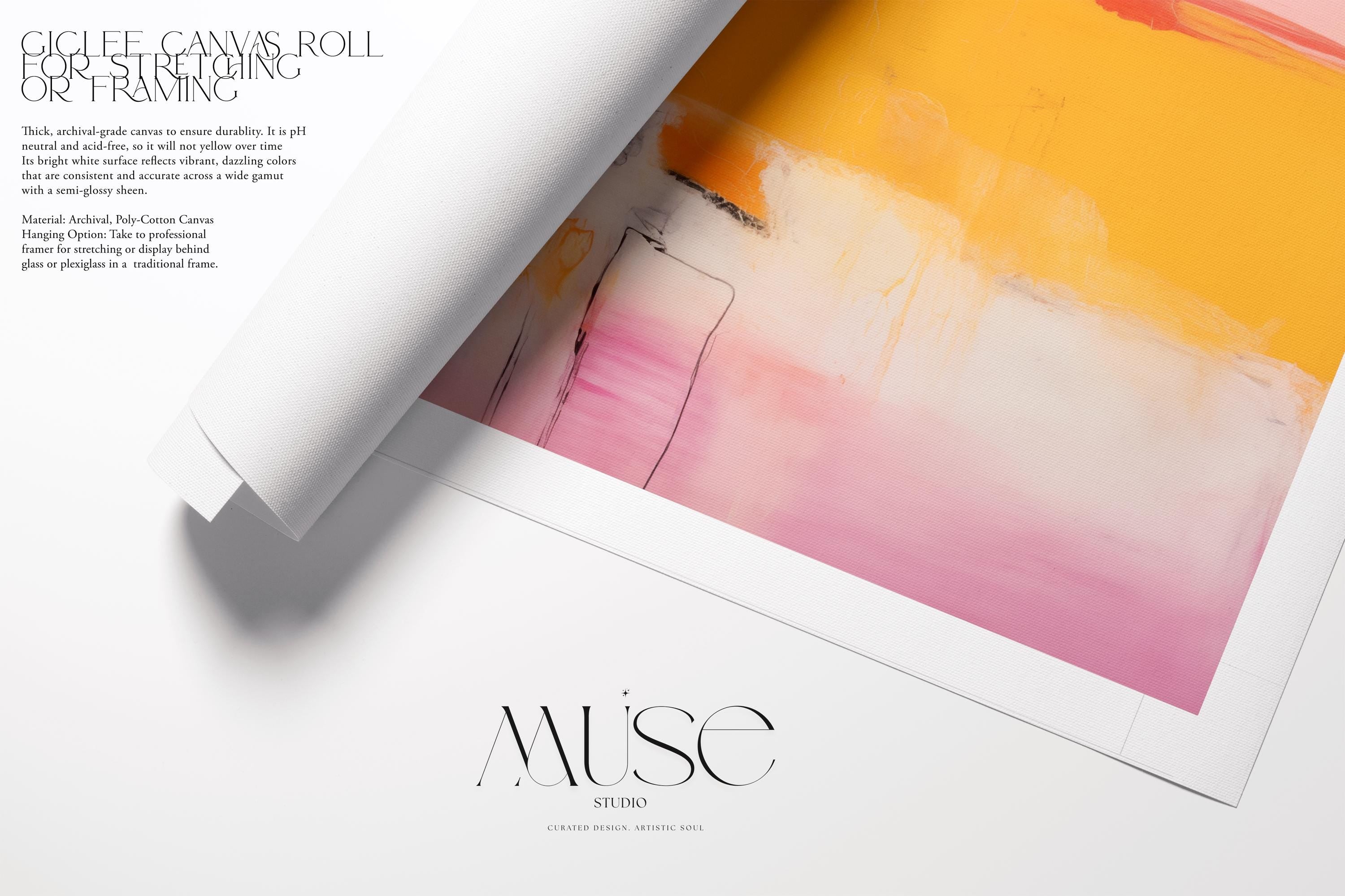 Large giclée art print featuring a bold abstract composition in warm pink, yellow, and soft ivory tones. Printed on fine cotton rag paper or archival rolled canvas, ideal for custom framing. This modern poster-style artwork brings joyful minimalism and soft contemporary elegance to entryways, offices, or creative interiors. Designed by Muse Studio for designer-focused decor in bright, transitional spaces.