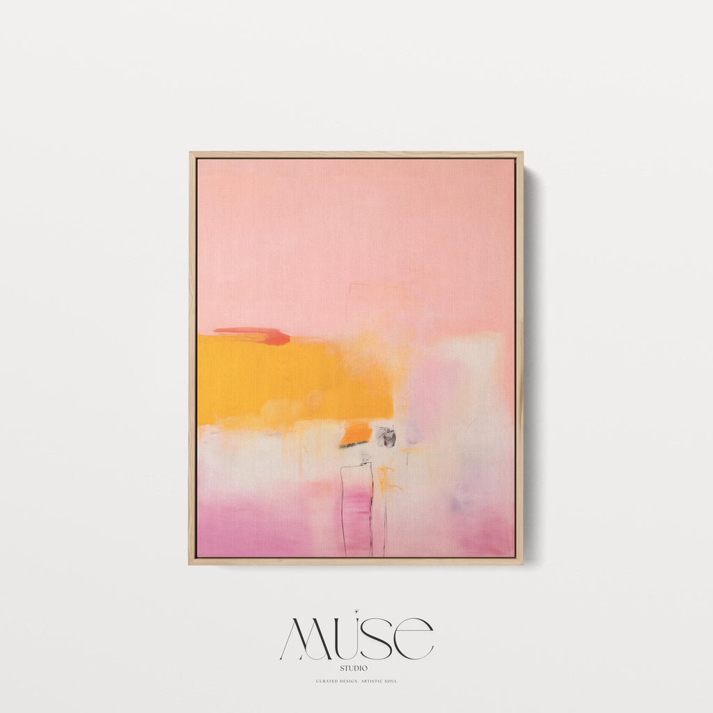 Vertical canvas wall art featuring a bold abstract in soft pink, vibrant yellow, and subtle blush tones. Printed on 400gsm cotton canvas and stretched over a 1.5” wooden frame, this ready-to-hang artwork brings minimalist warmth and soft contemporary elegance to entryways, offices, or clean modern interiors. A large statement piece by Muse Studio, ideal for light-filled spaces and design-forward decor.