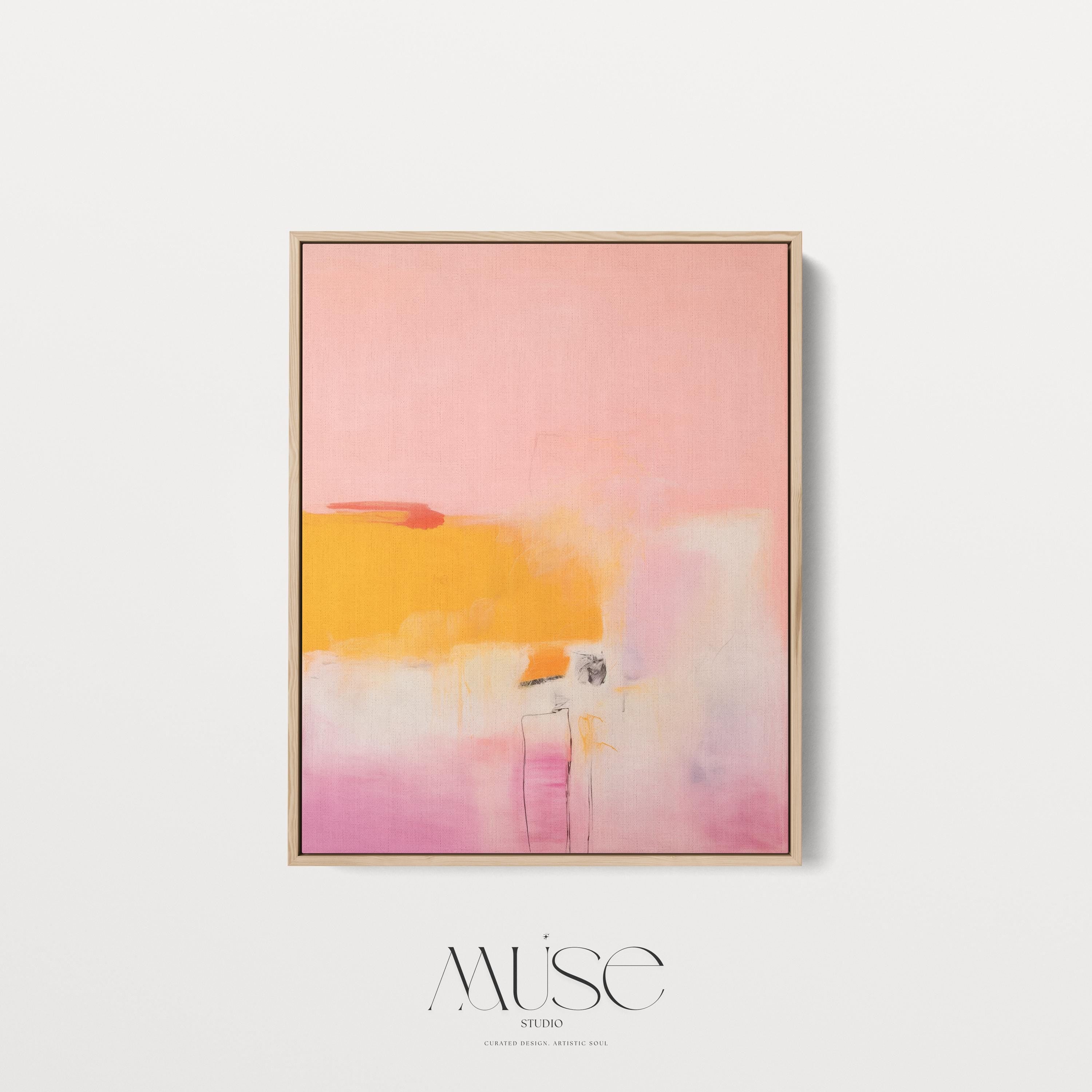 Vertical canvas wall art featuring a bold abstract in soft pink, vibrant yellow, and subtle blush tones. Printed on 400gsm cotton canvas and stretched over a 1.5” wooden frame, this ready-to-hang artwork brings minimalist warmth and soft contemporary elegance to entryways, offices, or clean modern interiors. A large statement piece by Muse Studio, ideal for light-filled spaces and design-forward decor.