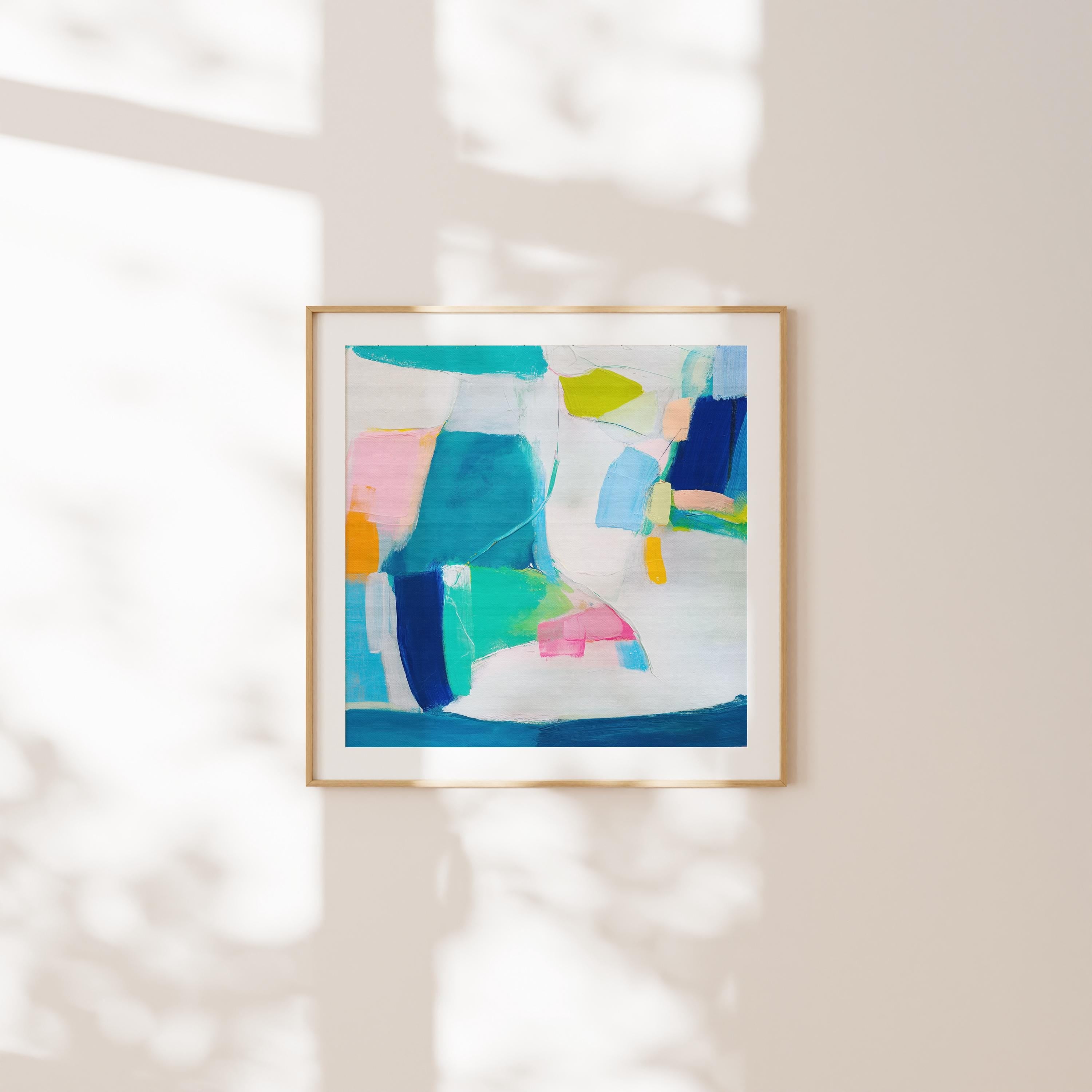 Colorful abstract giclée art print in teal, cobalt blue, blush pink, and citrus yellow. Features bold, painterly shapes in a square format on museum-grade fine art paper. Ideal for eclectic interiors, modern offices, or creative spaces. Printed using archival giclée inks on textured cold-pressed paper or rolled canvas. From the Teal & Aqua Wall Art collection by Muse Studio. Available in large statement sizes for gallery walls and art-forward interiors.