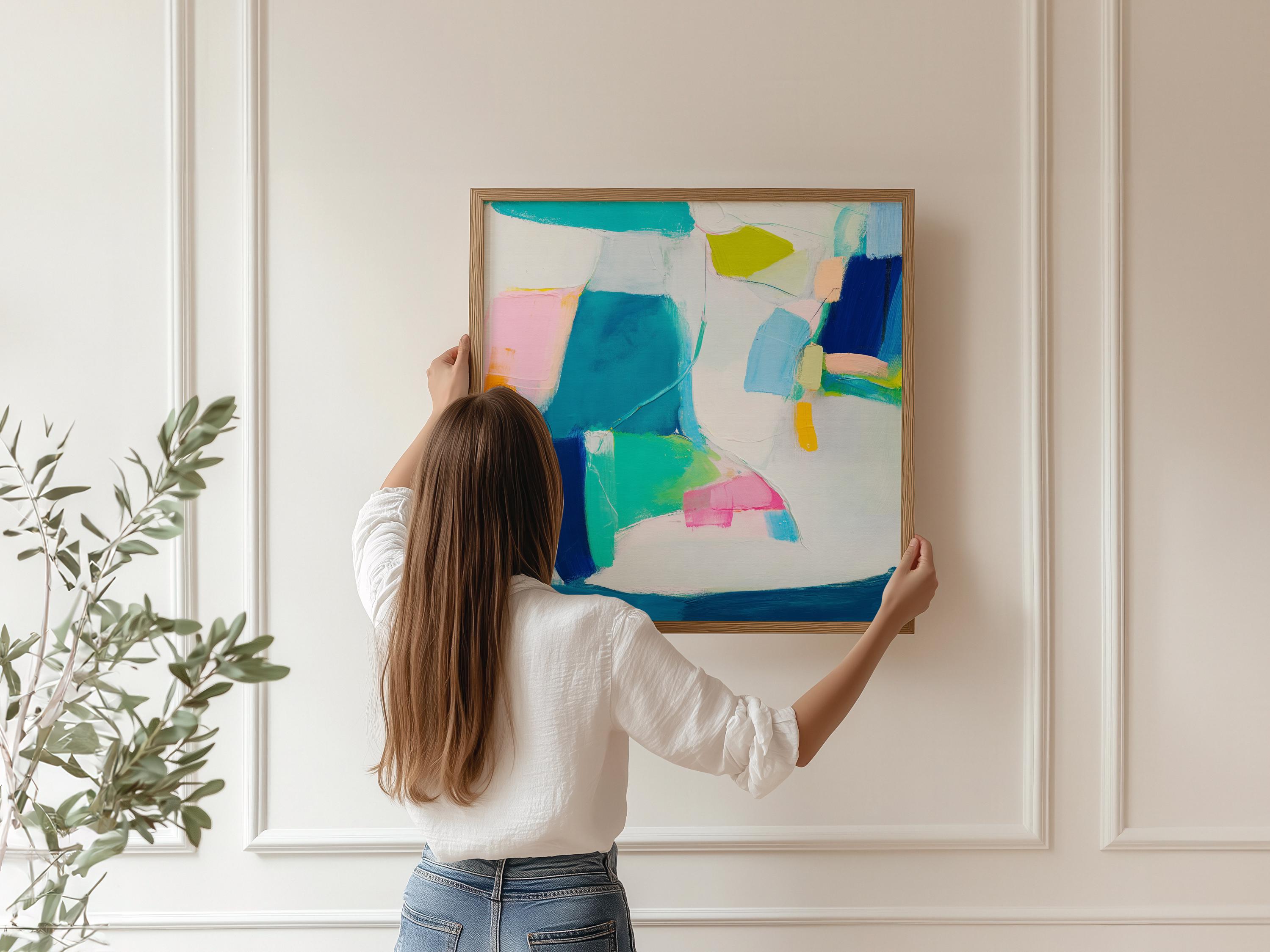Colorful abstract giclée art print in teal, cobalt blue, blush pink, and citrus yellow. Features bold, painterly shapes in a square format on museum-grade fine art paper. Ideal for eclectic interiors, modern offices, or creative spaces. Printed using archival giclée inks on textured cold-pressed paper or rolled canvas. From the Teal & Aqua Wall Art collection by Muse Studio. Available in large statement sizes for gallery walls and art-forward interiors.