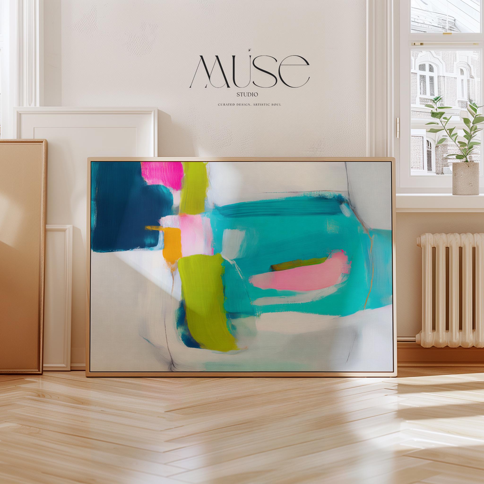 Abstract giclée fine art print in teal, navy blue, lime green, and blush pink. Horizontal composition with expressive painterly blocks and brushwork. Printed on museum-quality cold-pressed watercolor paper or rolled canvas. Ideal for modern offices, gallery walls, or contemporary coastal interiors. From Muse Studio’s Teal & Aqua Wall Art collection. Large format sizes available for bold statement decor. Perfect for designers seeking vibrant, color-forward abstract wall art.