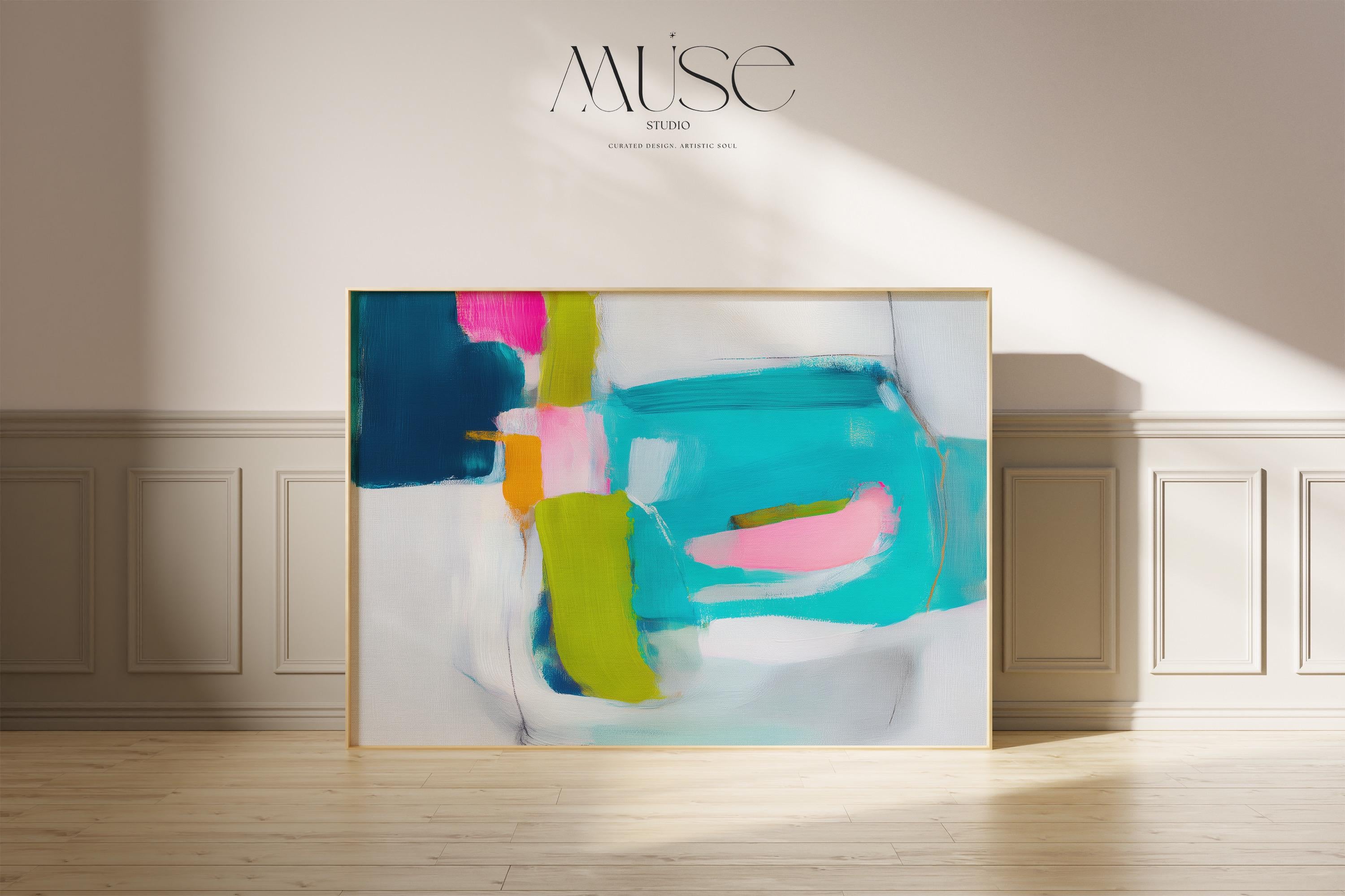 Abstract giclée fine art print in teal, navy blue, lime green, and blush pink. Horizontal composition with expressive painterly blocks and brushwork. Printed on museum-quality cold-pressed watercolor paper or rolled canvas. Ideal for modern offices, gallery walls, or contemporary coastal interiors. From Muse Studio’s Teal & Aqua Wall Art collection. Large format sizes available for bold statement decor. Perfect for designers seeking vibrant, color-forward abstract wall art.