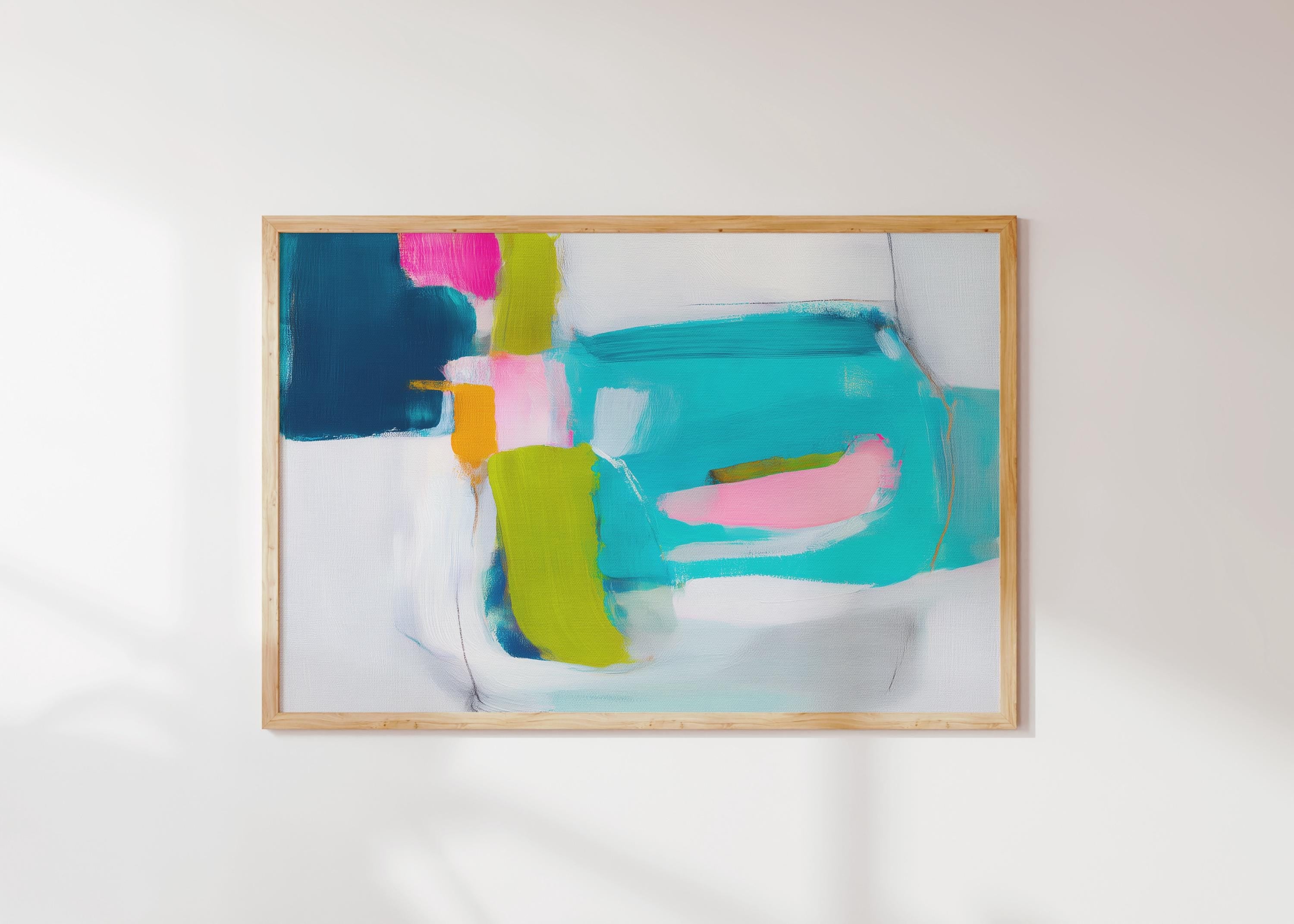 Abstract giclée fine art print in teal, navy blue, lime green, and blush pink. Horizontal composition with expressive painterly blocks and brushwork. Printed on museum-quality cold-pressed watercolor paper or rolled canvas. Ideal for modern offices, gallery walls, or contemporary coastal interiors. From Muse Studio’s Teal & Aqua Wall Art collection. Large format sizes available for bold statement decor. Perfect for designers seeking vibrant, color-forward abstract wall art.