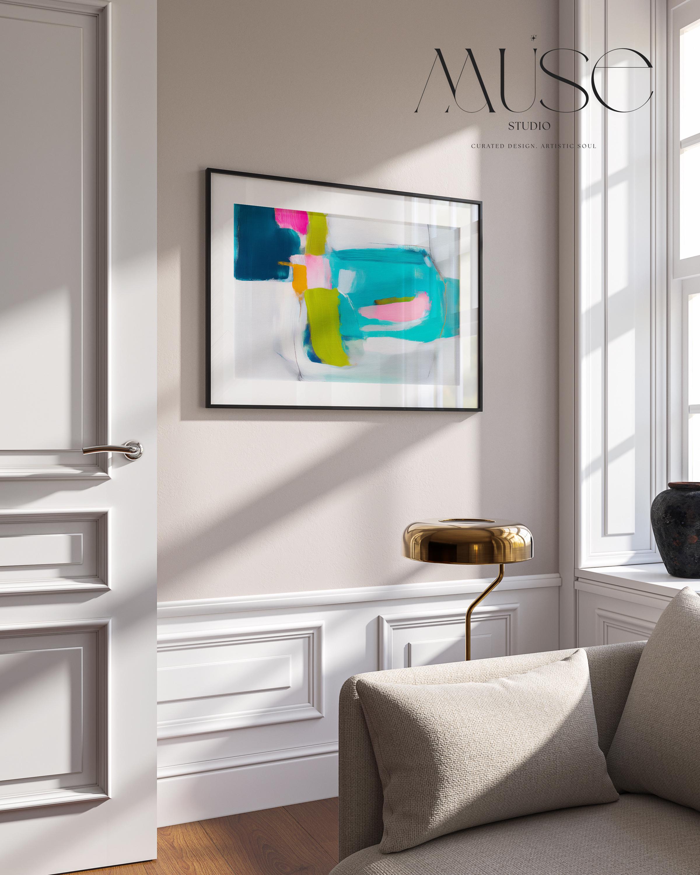 Abstract giclée fine art print in teal, navy blue, lime green, and blush pink. Horizontal composition with expressive painterly blocks and brushwork. Printed on museum-quality cold-pressed watercolor paper or rolled canvas. Ideal for modern offices, gallery walls, or contemporary coastal interiors. From Muse Studio’s Teal & Aqua Wall Art collection. Large format sizes available for bold statement decor. Perfect for designers seeking vibrant, color-forward abstract wall art.