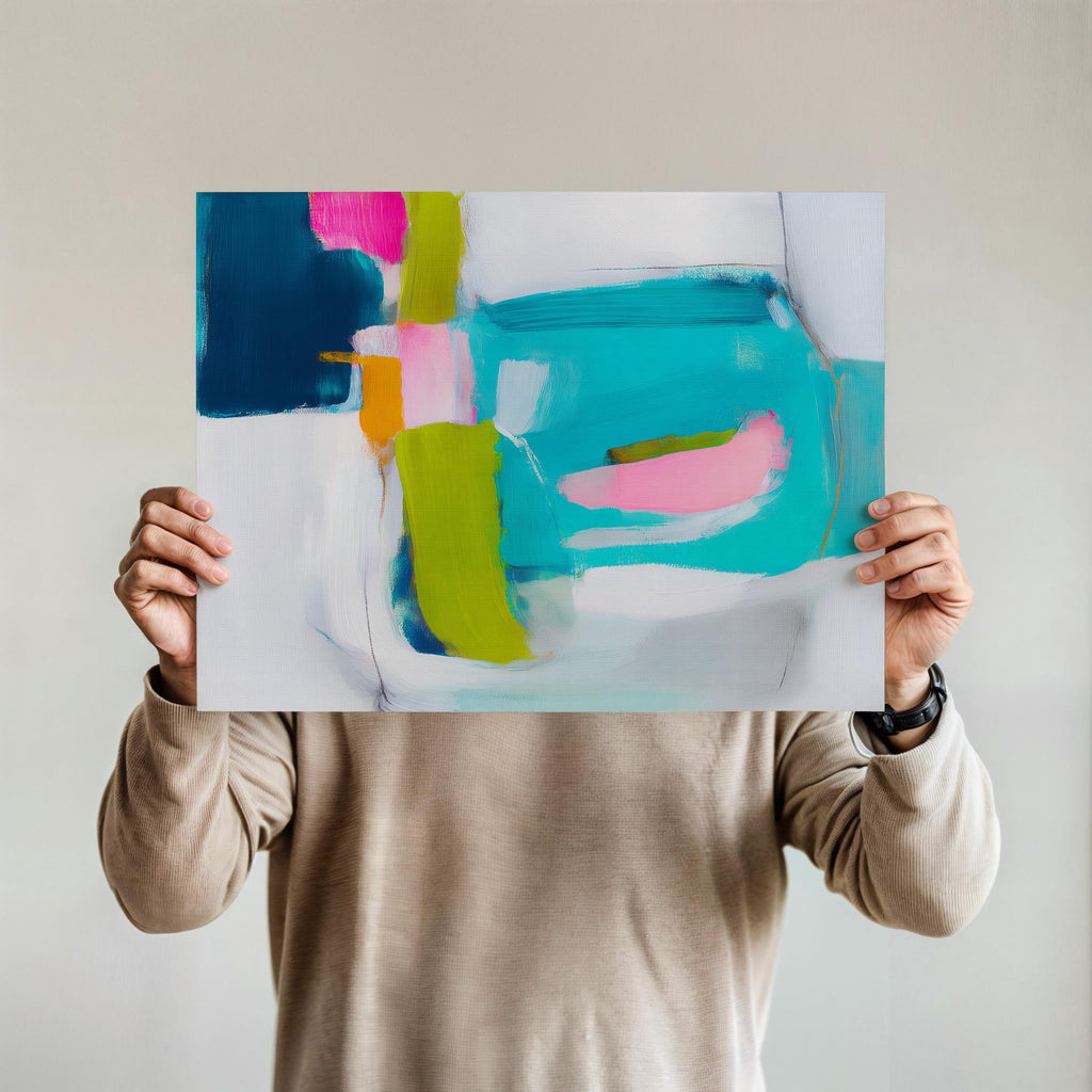 Abstract giclée fine art print in teal, navy blue, lime green, and blush pink. Horizontal composition with expressive painterly blocks and brushwork. Printed on museum-quality cold-pressed watercolor paper or rolled canvas. Ideal for modern offices, gallery walls, or contemporary coastal interiors. From Muse Studio’s Teal & Aqua Wall Art collection. Large format sizes available for bold statement decor. Perfect for designers seeking vibrant, color-forward abstract wall art.