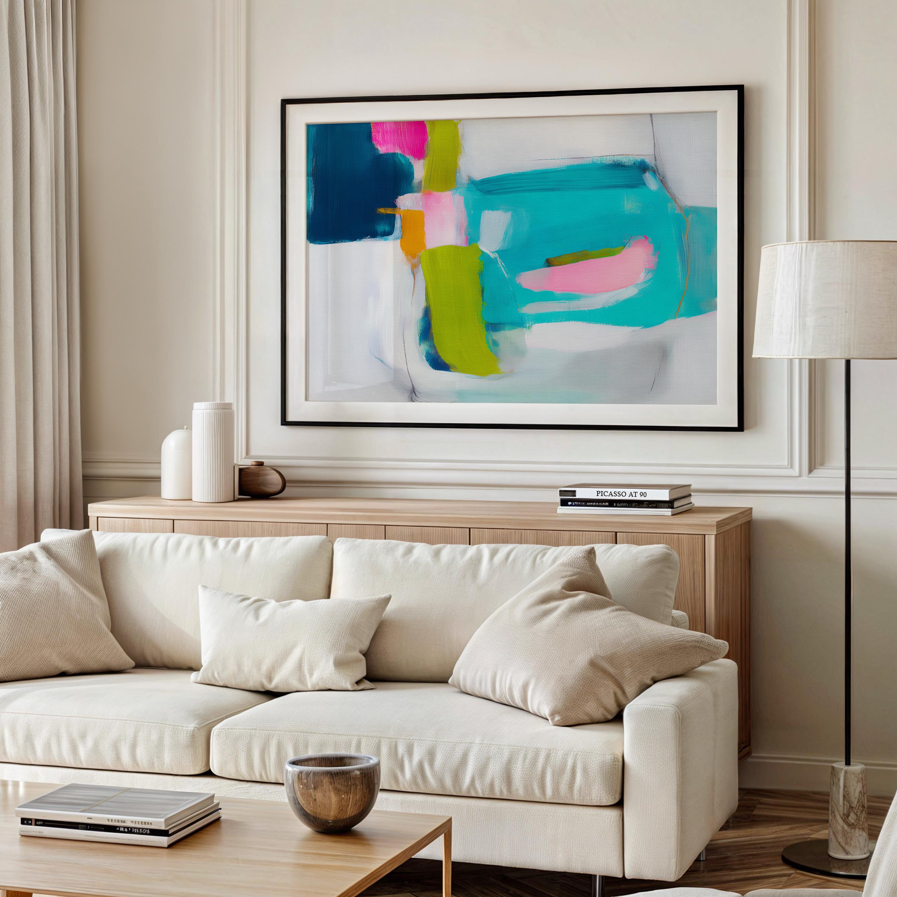 Abstract giclée fine art print in teal, navy blue, lime green, and blush pink. Horizontal composition with expressive painterly blocks and brushwork. Printed on museum-quality cold-pressed watercolor paper or rolled canvas. Ideal for modern offices, gallery walls, or contemporary coastal interiors. From Muse Studio’s Teal & Aqua Wall Art collection. Large format sizes available for bold statement decor. Perfect for designers seeking vibrant, color-forward abstract wall art.