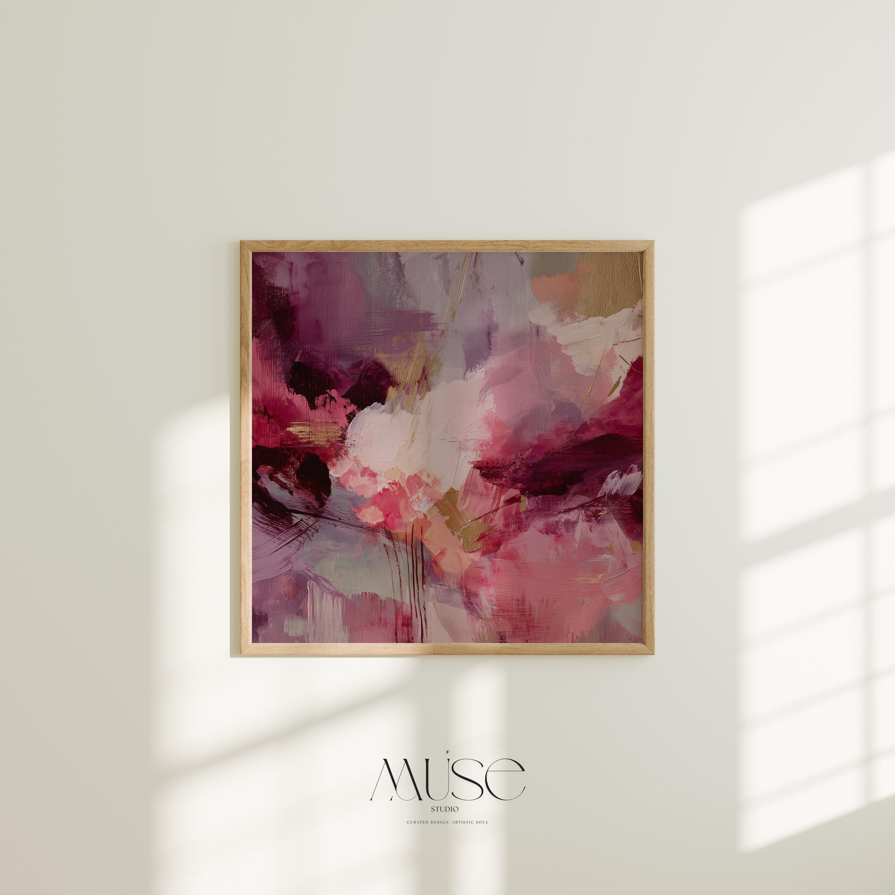 Fine art giclée print in a square layout featuring soft plum, rose, blush, and deep pink abstract tones with expressive texture and painterly movement. A romantic and contemporary wall decor piece for coquette bedrooms, transitional entryways, or soft modern interiors. Printed on cotton rag paper or rolled canvas with archival giclée inks for rich color and gallery-quality detail. Available in multiple sizes. Muse Studio decor art for curated, feminine spaces.