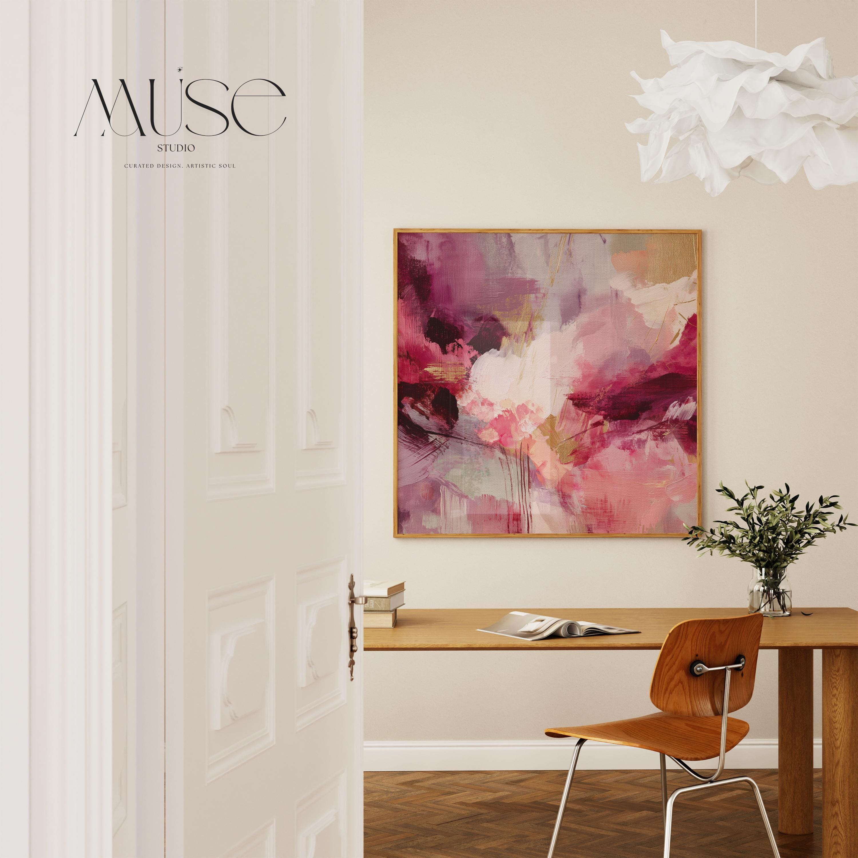 Fine art giclée print in a square layout featuring soft plum, rose, blush, and deep pink abstract tones with expressive texture and painterly movement. A romantic and contemporary wall decor piece for coquette bedrooms, transitional entryways, or soft modern interiors. Printed on cotton rag paper or rolled canvas with archival giclée inks for rich color and gallery-quality detail. Available in multiple sizes. Muse Studio decor art for curated, feminine spaces.