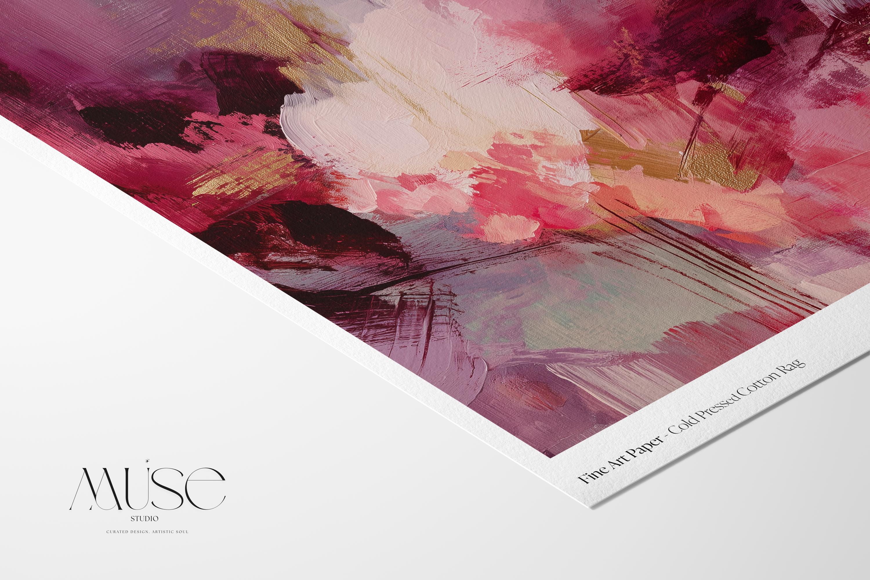 Fine art giclée print in a square layout featuring soft plum, rose, blush, and deep pink abstract tones with expressive texture and painterly movement. A romantic and contemporary wall decor piece for coquette bedrooms, transitional entryways, or soft modern interiors. Printed on cotton rag paper or rolled canvas with archival giclée inks for rich color and gallery-quality detail. Available in multiple sizes. Muse Studio decor art for curated, feminine spaces.