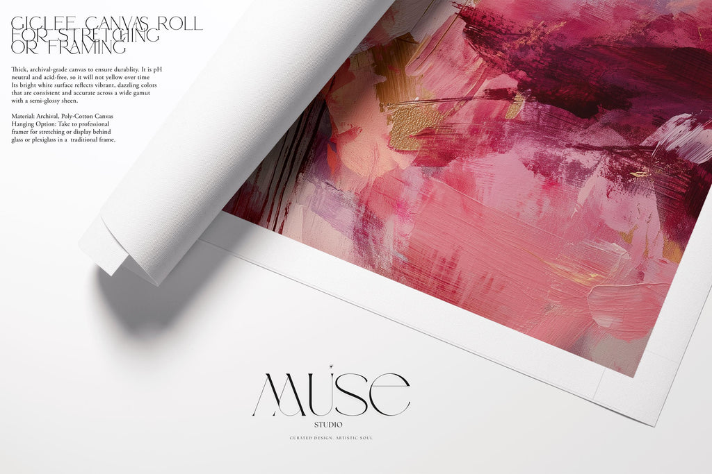 Fine art giclée print in a square layout featuring soft plum, rose, blush, and deep pink abstract tones with expressive texture and painterly movement. A romantic and contemporary wall decor piece for coquette bedrooms, transitional entryways, or soft modern interiors. Printed on cotton rag paper or rolled canvas with archival giclée inks for rich color and gallery-quality detail. Available in multiple sizes. Muse Studio decor art for curated, feminine spaces.