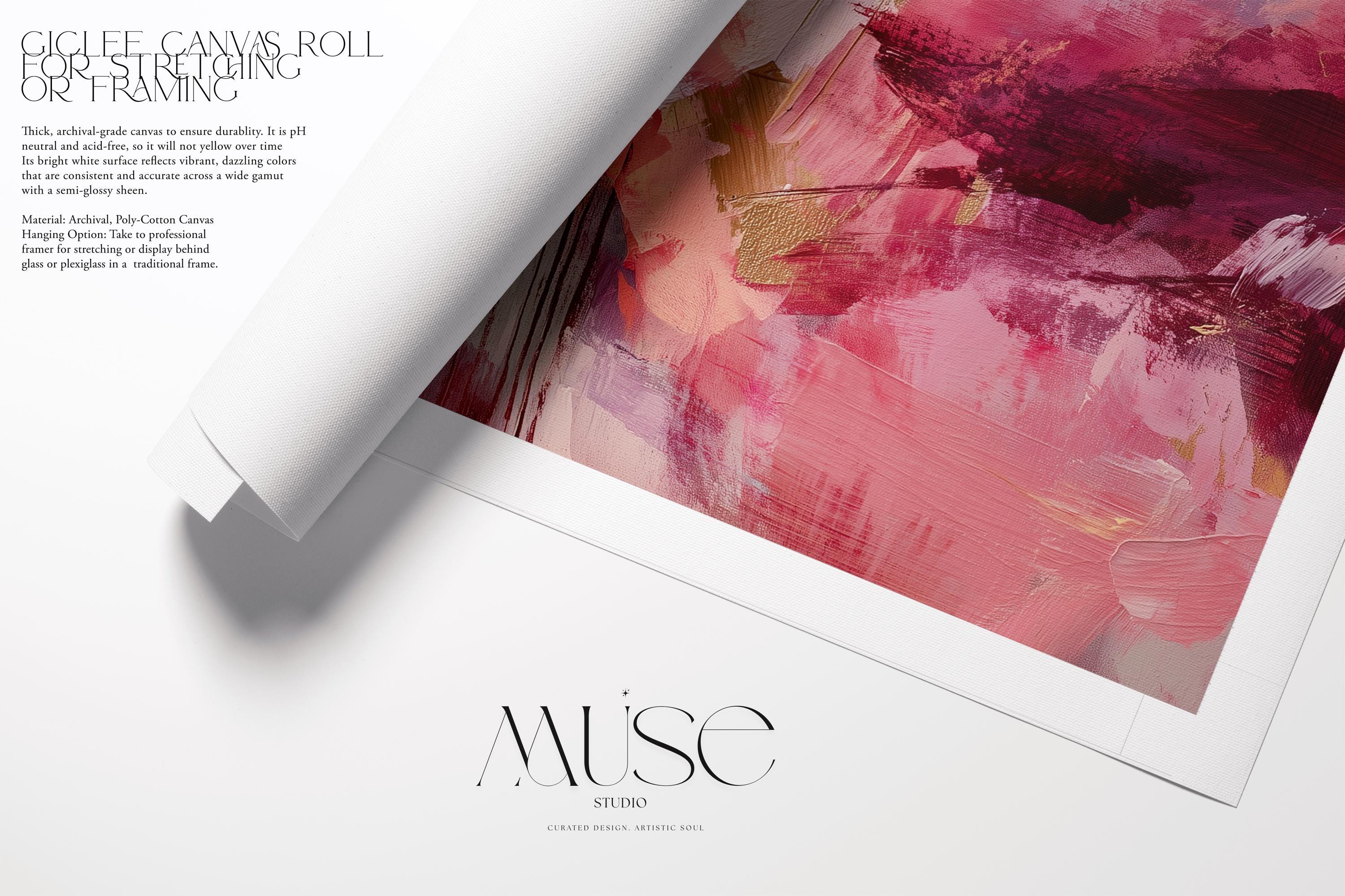 Fine art giclée print in a square layout featuring soft plum, rose, blush, and deep pink abstract tones with expressive texture and painterly movement. A romantic and contemporary wall decor piece for coquette bedrooms, transitional entryways, or soft modern interiors. Printed on cotton rag paper or rolled canvas with archival giclée inks for rich color and gallery-quality detail. Available in multiple sizes. Muse Studio decor art for curated, feminine spaces.