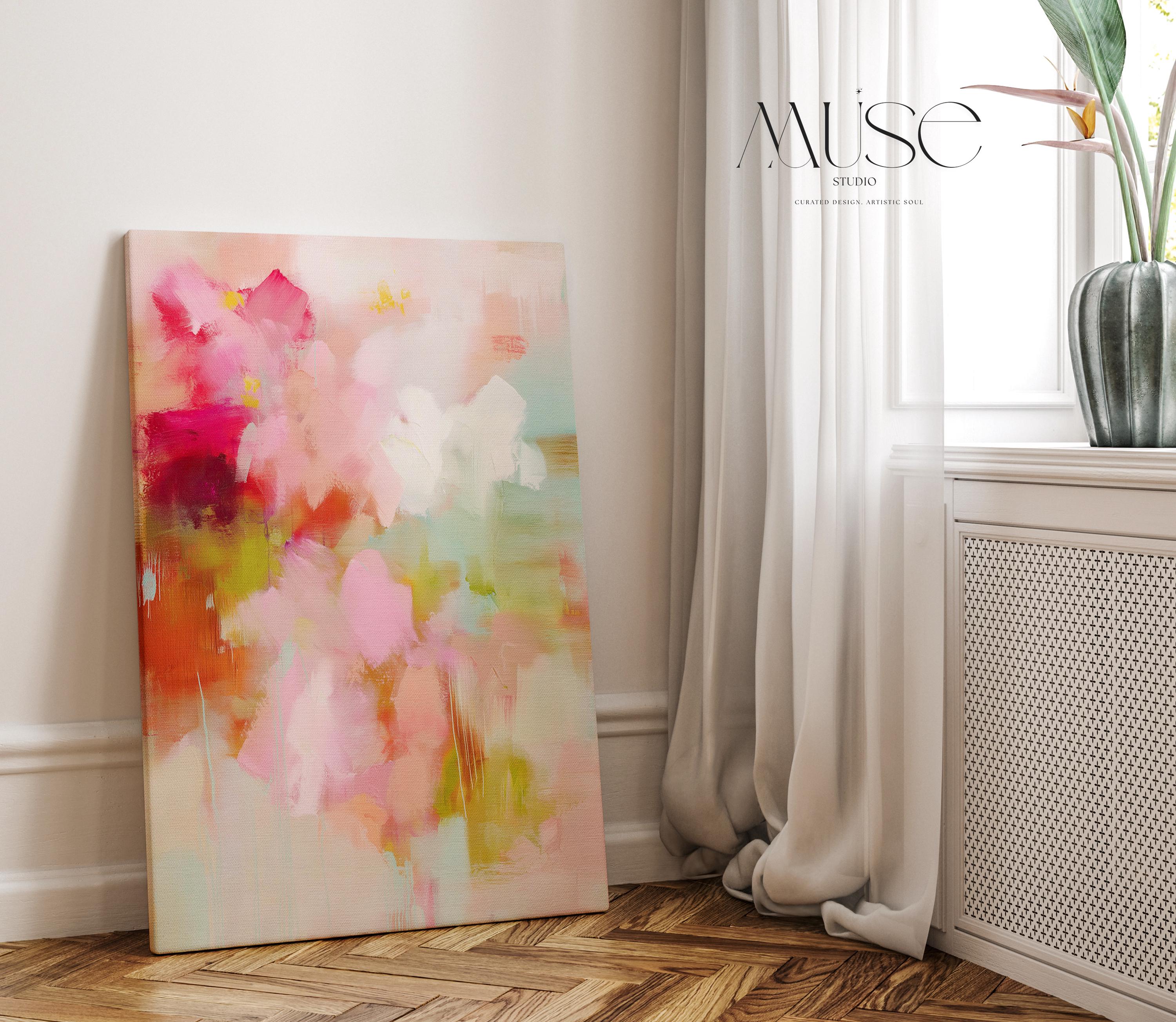 Large vertical abstract canvas wall art featuring blush pink, coral, and mint green tones in a pastel botanical style. Designed as a giclée print, this artwork evokes spring freshness and painterly movement, perfect for bedrooms, living rooms, or entryways. Its oversized format creates a bright, uplifting focal point. Available as a gallery-wrapped large canvas giclée print in multiple sizes for curated, designer-inspired interiors.