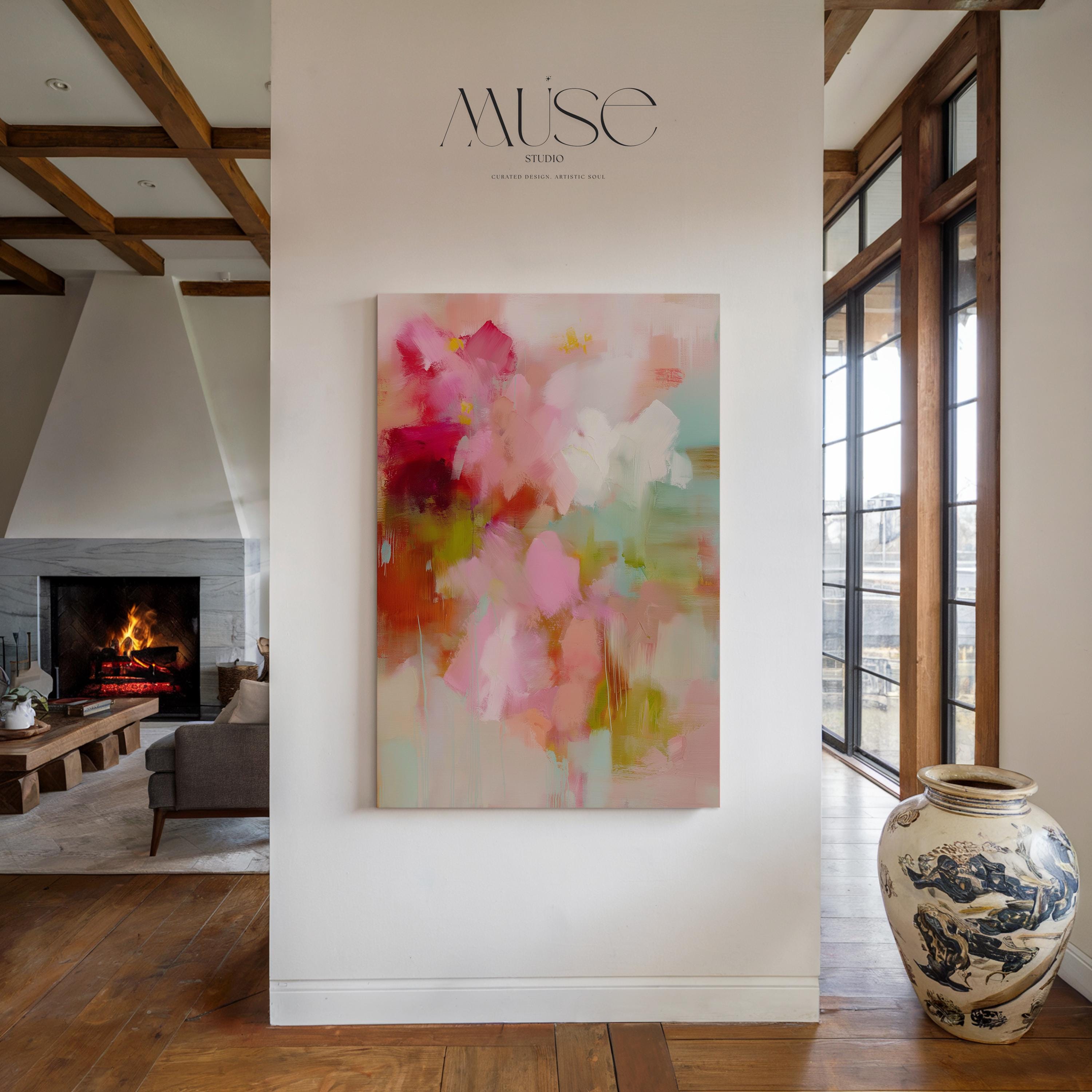 Large vertical abstract canvas wall art featuring blush pink, coral, and mint green tones in a pastel botanical style. Designed as a giclée print, this artwork evokes spring freshness and painterly movement, perfect for bedrooms, living rooms, or entryways. Its oversized format creates a bright, uplifting focal point. Available as a gallery-wrapped large canvas giclée print in multiple sizes for curated, designer-inspired interiors.