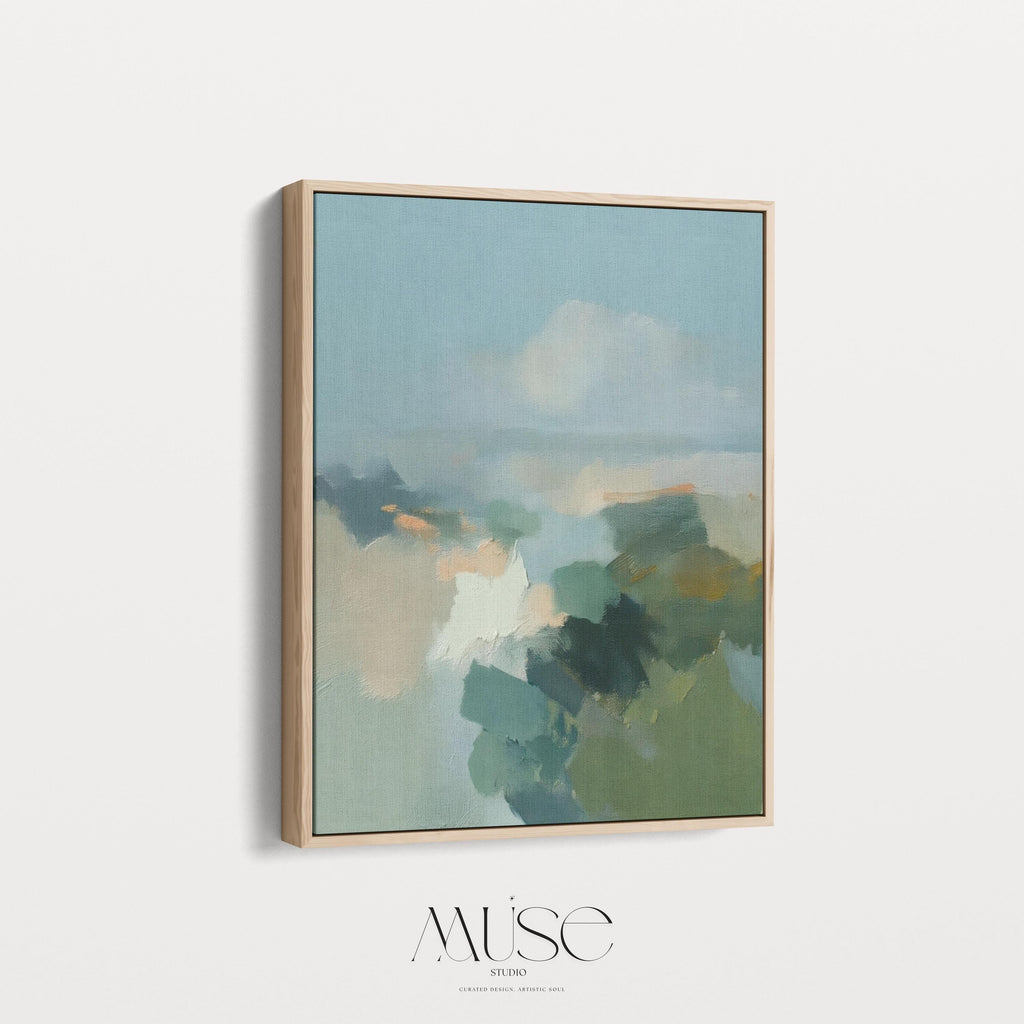 Vertical abstract wall art in teal blue and sage green with soft, misty brushstrokes inspired by nature. Large calming canvas artwork designed for living rooms, bedrooms, and entryways, styled for soft contemporary and coastal interiors. Available as a gallery-wrapped canvas, framed canvas, or fine art print.