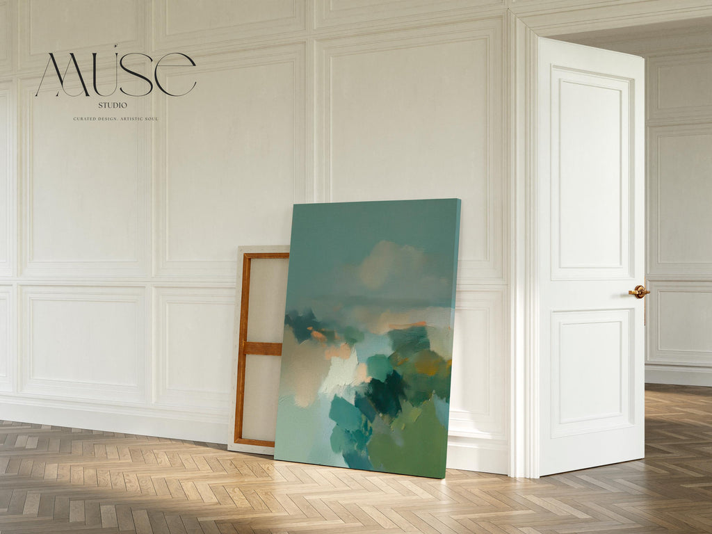 Vertical abstract wall art in teal, sage green, and muted earth tones with soft brushstrokes inspired by a horizon landscape. Large calming artwork designed for coastal and soft contemporary interiors, ideal for living rooms, bedrooms, or entryways. Available as gallery-wrapped canvas, framed canvas, or fine art print. Perfect for adding a serene, nature-inspired touch to modern wall decor.