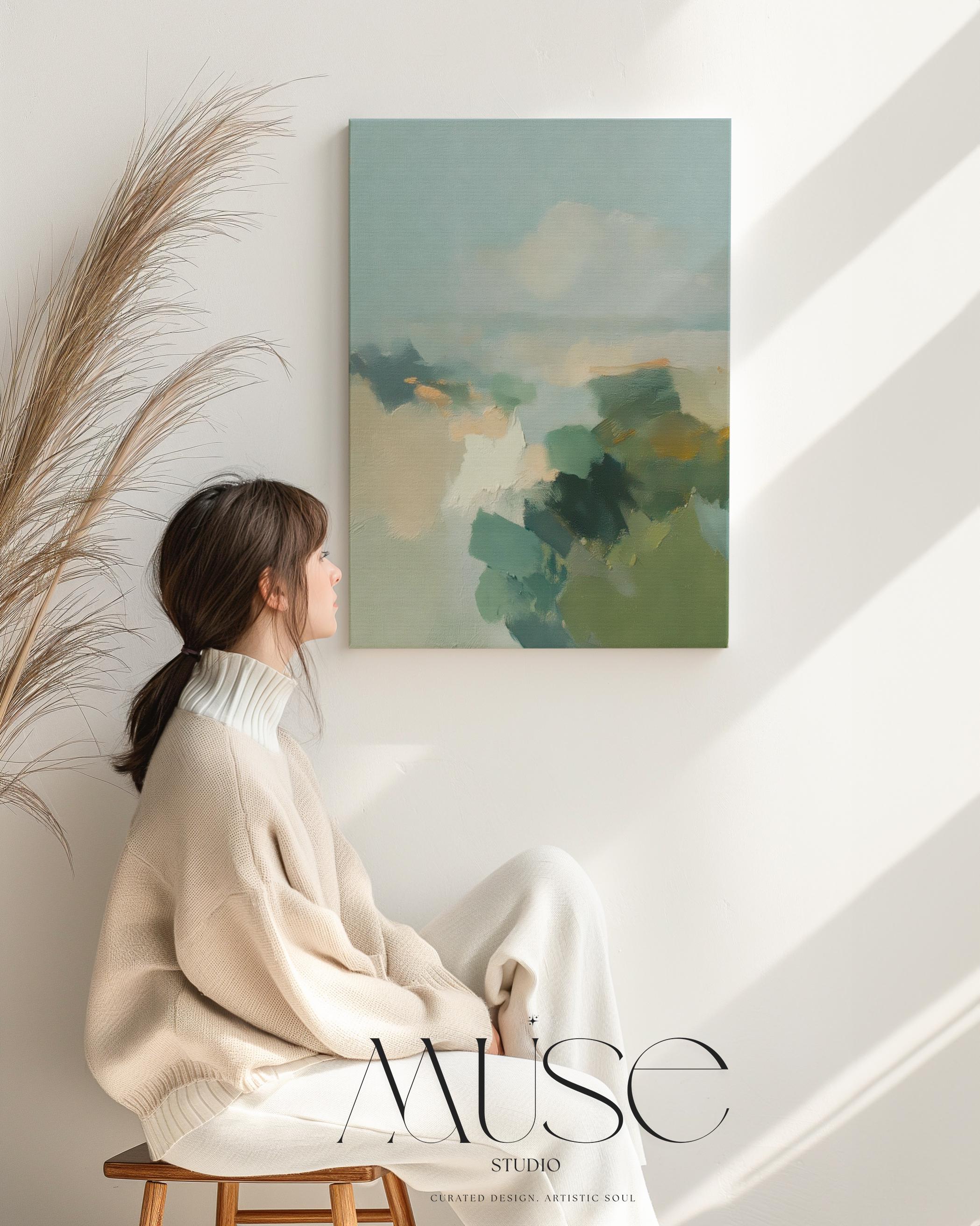 Vertical abstract wall art in teal, sage green, and muted earth tones with soft brushstrokes inspired by a horizon landscape. Large calming artwork designed for coastal and soft contemporary interiors, ideal for living rooms, bedrooms, or entryways. Available as gallery-wrapped canvas, framed canvas, or fine art print. Perfect for adding a serene, nature-inspired touch to modern wall decor.
