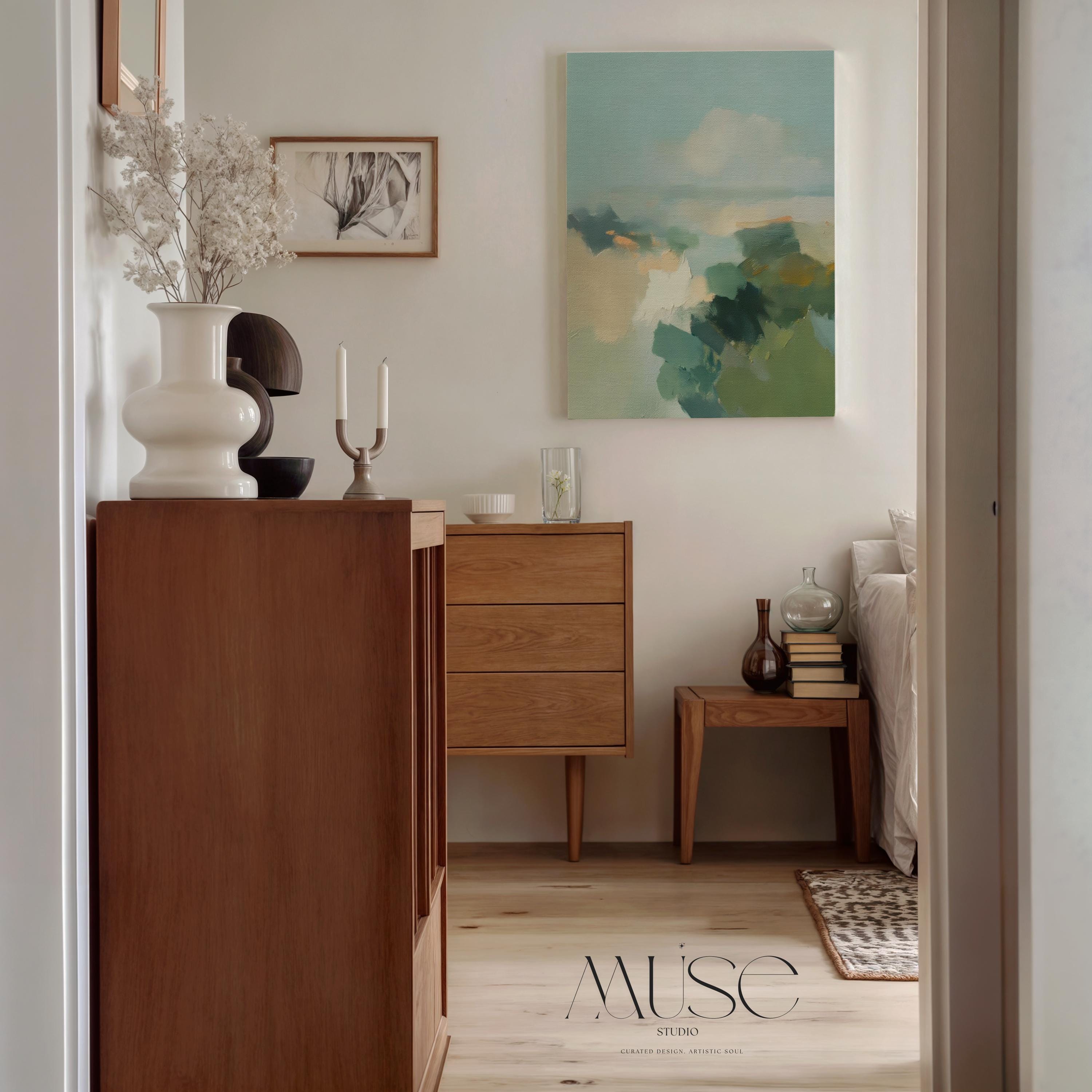 Vertical abstract wall art in teal, sage green, and muted earth tones with soft brushstrokes inspired by a horizon landscape. Large calming artwork designed for coastal and soft contemporary interiors, ideal for living rooms, bedrooms, or entryways. Available as gallery-wrapped canvas, framed canvas, or fine art print. Perfect for adding a serene, nature-inspired touch to modern wall decor.