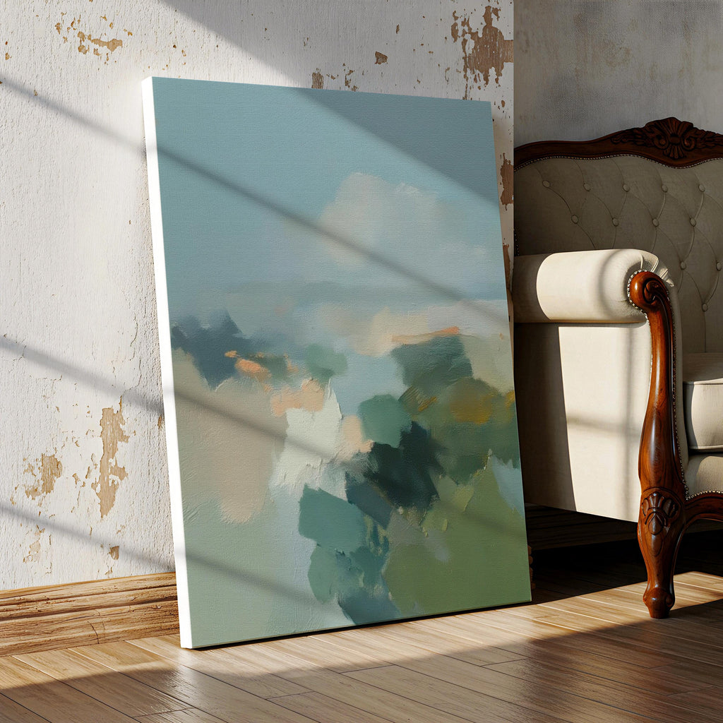 Vertical abstract wall art in teal, sage green, and muted earth tones with soft brushstrokes inspired by a horizon landscape. Large calming artwork designed for coastal and soft contemporary interiors, ideal for living rooms, bedrooms, or entryways. Available as gallery-wrapped canvas, framed canvas, or fine art print. Perfect for adding a serene, nature-inspired touch to modern wall decor.