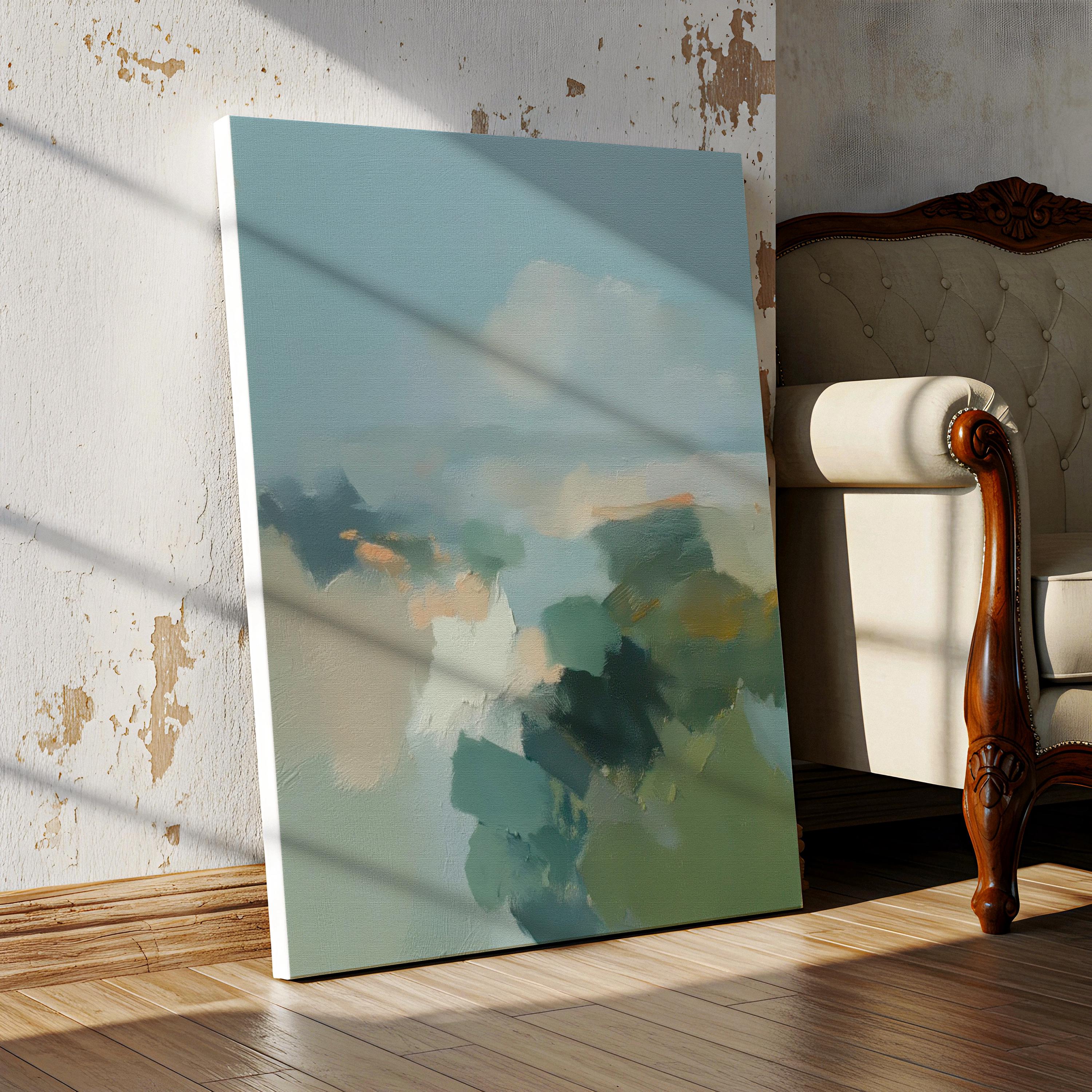 Vertical abstract wall art in teal, sage green, and muted earth tones with soft brushstrokes inspired by a horizon landscape. Large calming artwork designed for coastal and soft contemporary interiors, ideal for living rooms, bedrooms, or entryways. Available as gallery-wrapped canvas, framed canvas, or fine art print. Perfect for adding a serene, nature-inspired touch to modern wall decor.