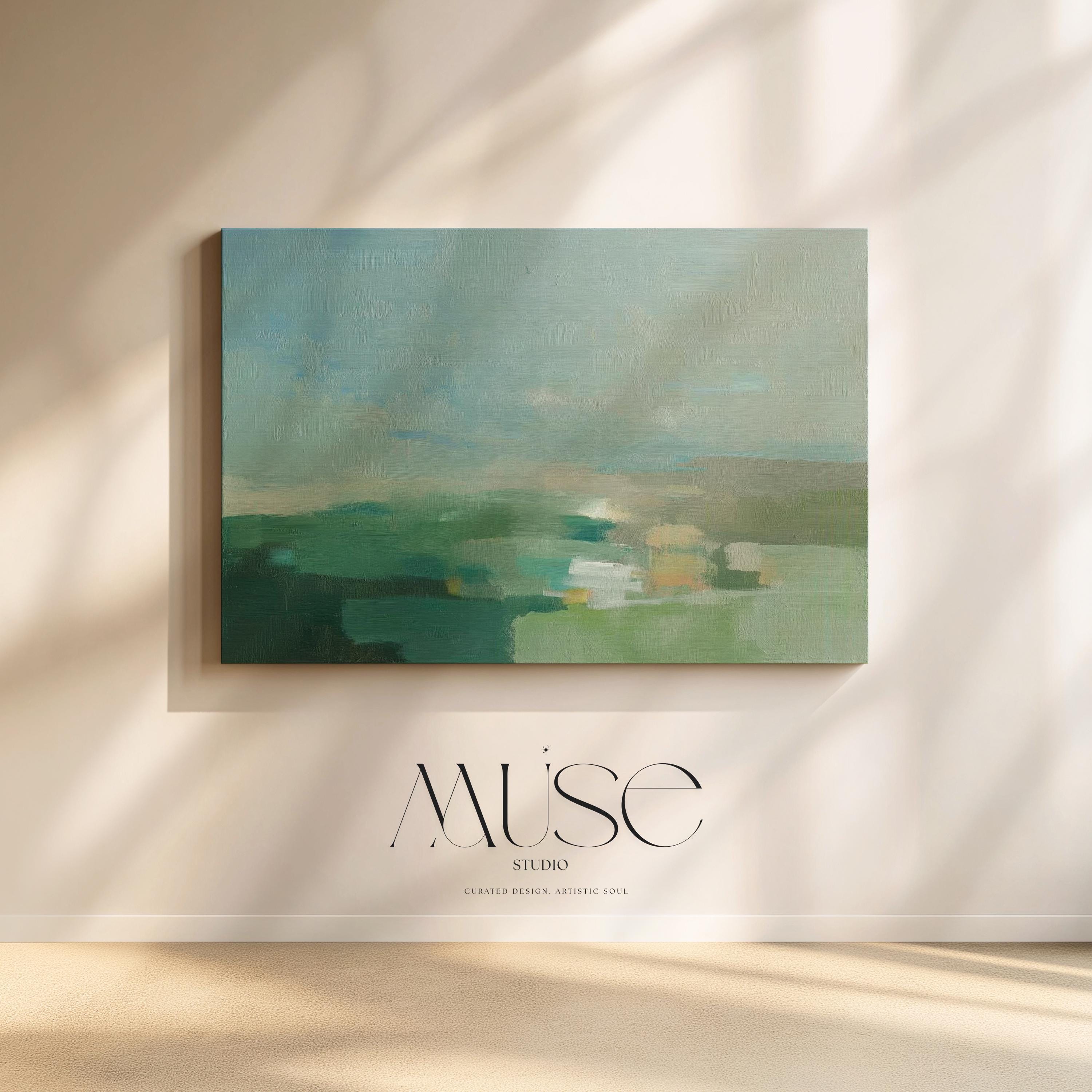 Horizontal abstract wall art in sage green, teal, and muted earth tones with soft blended brushstrokes that resemble a peaceful horizon. Large calming artwork designed for minimalist, nature-inspired, and coastal interiors. Perfect for living rooms, bedrooms, or entryways seeking serene modern decor. Available as gallery-wrapped canvas, framed canvas, or fine art print for versatile styling.