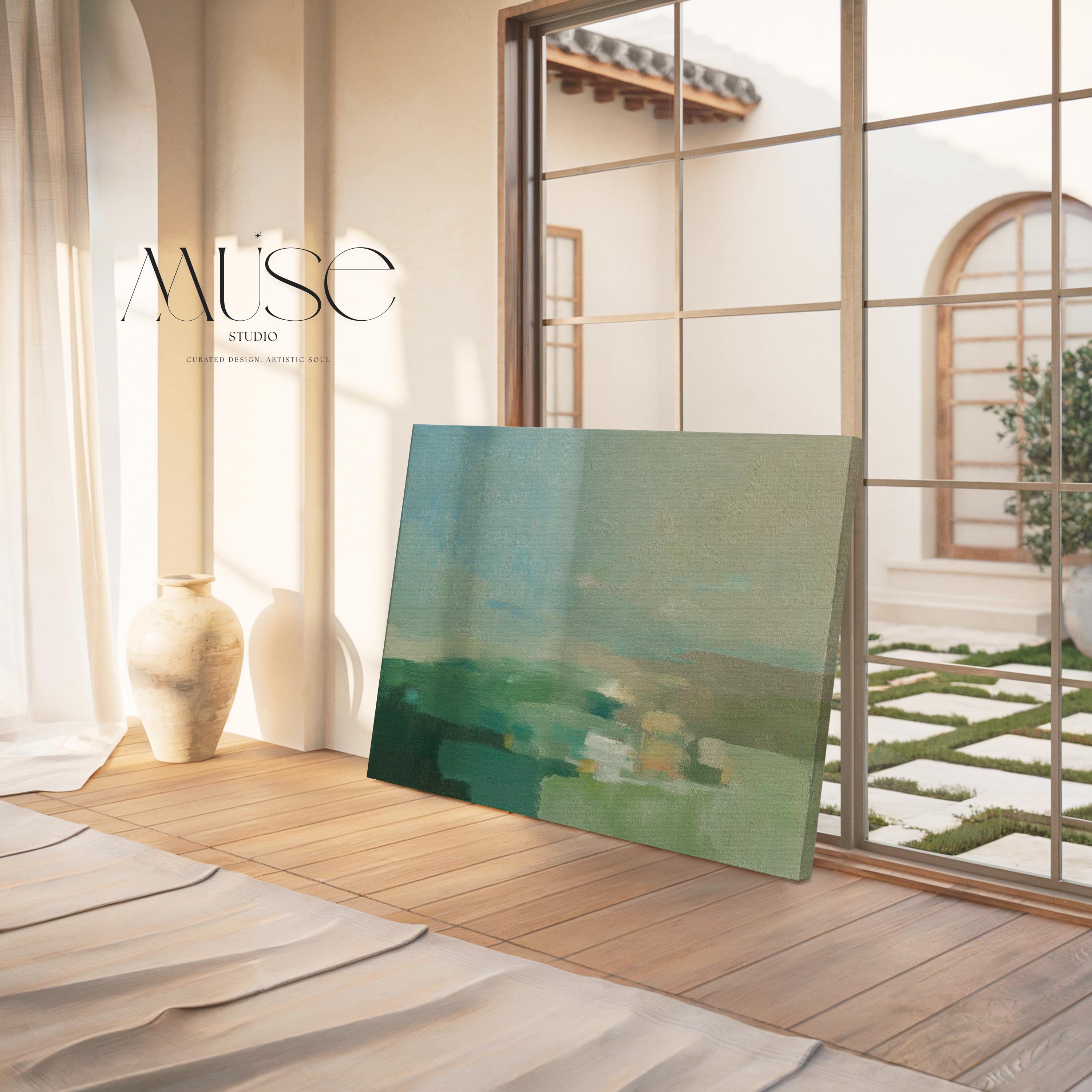 Horizontal abstract wall art in sage green, teal, and muted earth tones with soft blended brushstrokes that resemble a peaceful horizon. Large calming artwork designed for minimalist, nature-inspired, and coastal interiors. Perfect for living rooms, bedrooms, or entryways seeking serene modern decor. Available as gallery-wrapped canvas, framed canvas, or fine art print for versatile styling.
