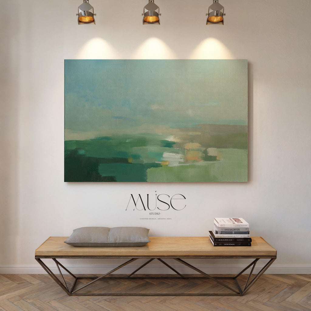 Horizontal abstract wall art in sage green, teal, and muted earth tones with soft blended brushstrokes that resemble a peaceful horizon. Large calming artwork designed for minimalist, nature-inspired, and coastal interiors. Perfect for living rooms, bedrooms, or entryways seeking serene modern decor. Available as gallery-wrapped canvas, framed canvas, or fine art print for versatile styling.