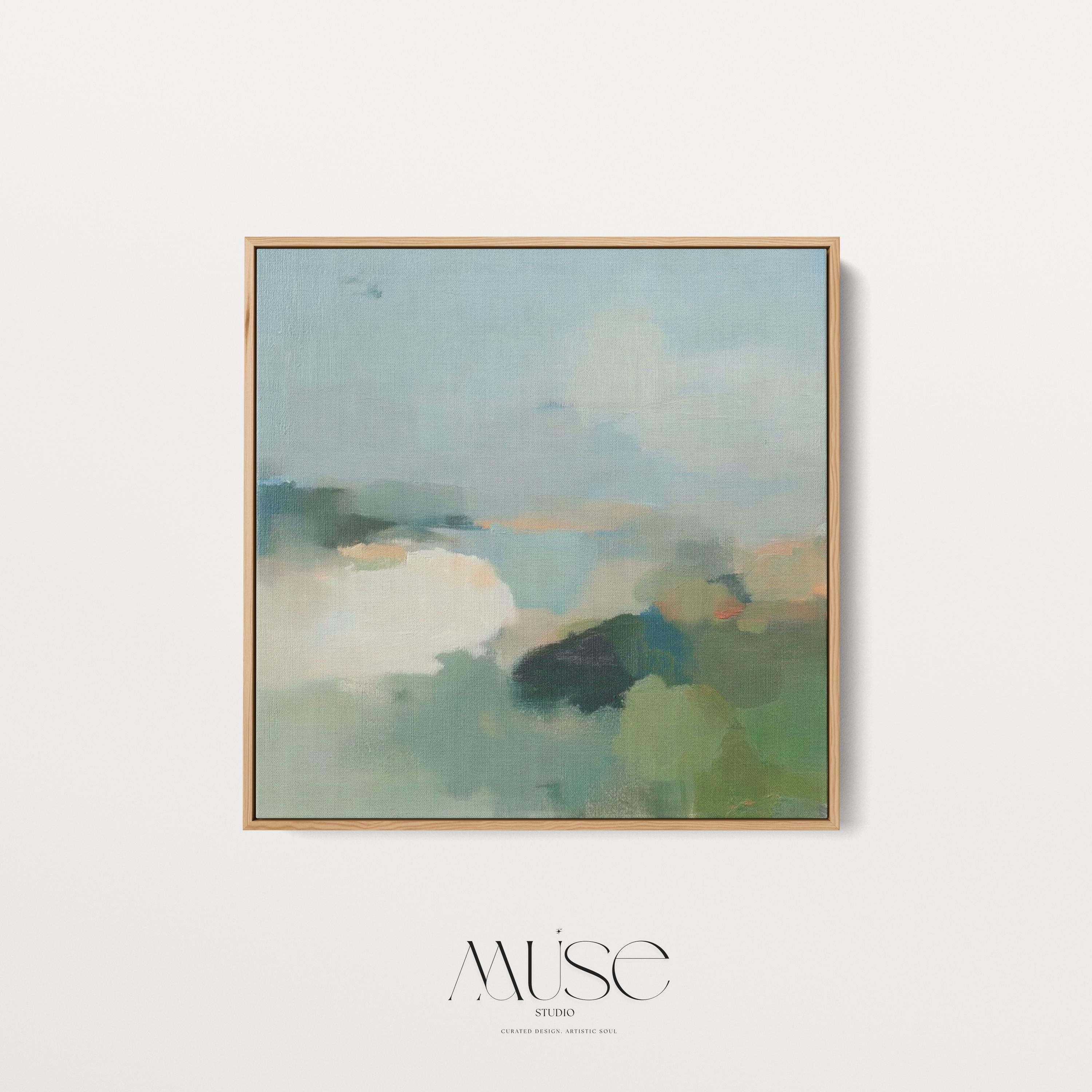 Square abstract wall art in sage green, soft blue, and muted neutrals with horizon-inspired brushstrokes. Large calming canvas decor designed for living rooms, bedrooms, or entryways. Styled for soft contemporary and nature-inspired interiors, perfect as a statement piece. Available as gallery-wrapped canvas, framed canvas, or fine art print.