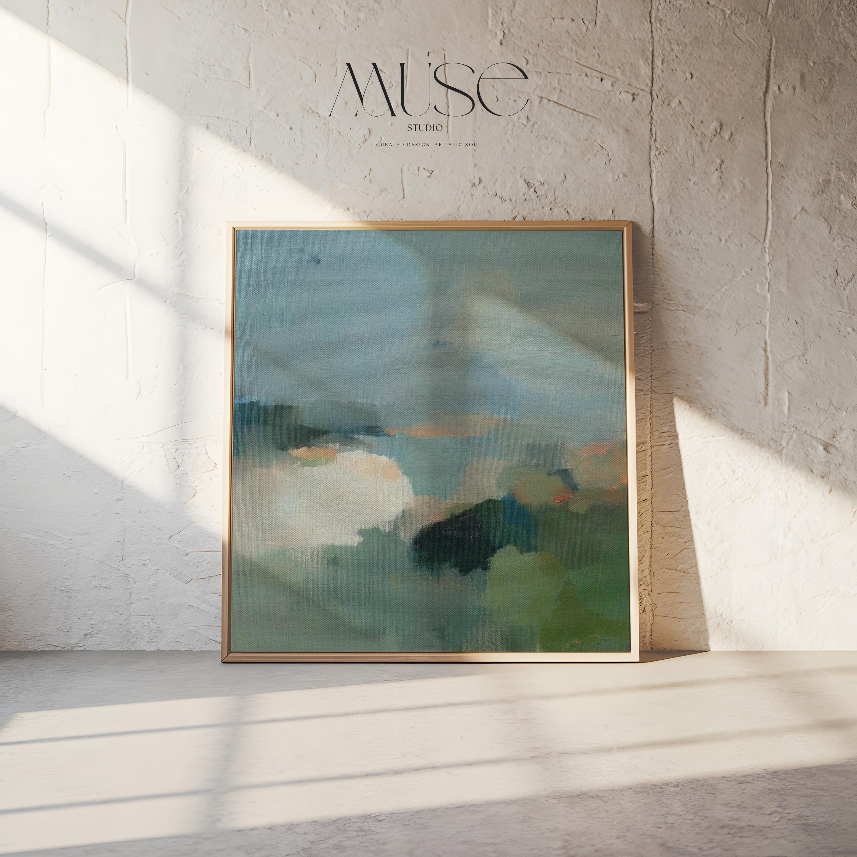 Square abstract wall art in sage green, soft blue, and muted neutrals with horizon-inspired brushstrokes. Large calming canvas decor designed for living rooms, bedrooms, or entryways. Styled for soft contemporary and nature-inspired interiors, perfect as a statement piece. Available as gallery-wrapped canvas, framed canvas, or fine art print.