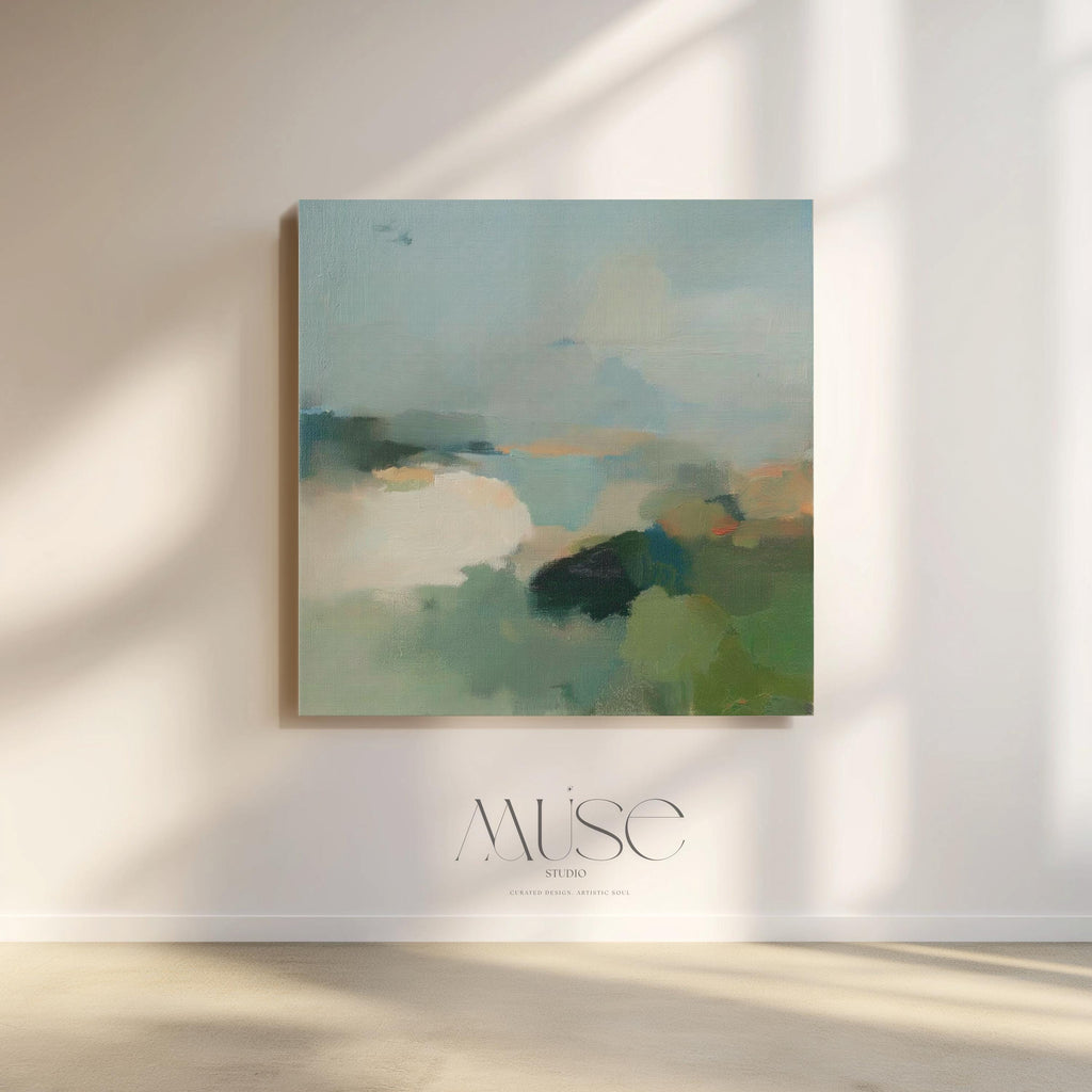 Square abstract wall art in soft greens, muted blues, and earthy tones with a horizon-inspired design. Large canvas artwork styled for modern interiors, perfect for living rooms, bedrooms, or entryways. A calming, nature-inspired piece that complements soft contemporary, coastal, and warm minimalist decor. Available as gallery-wrapped canvas, framed canvas, or fine art print.
