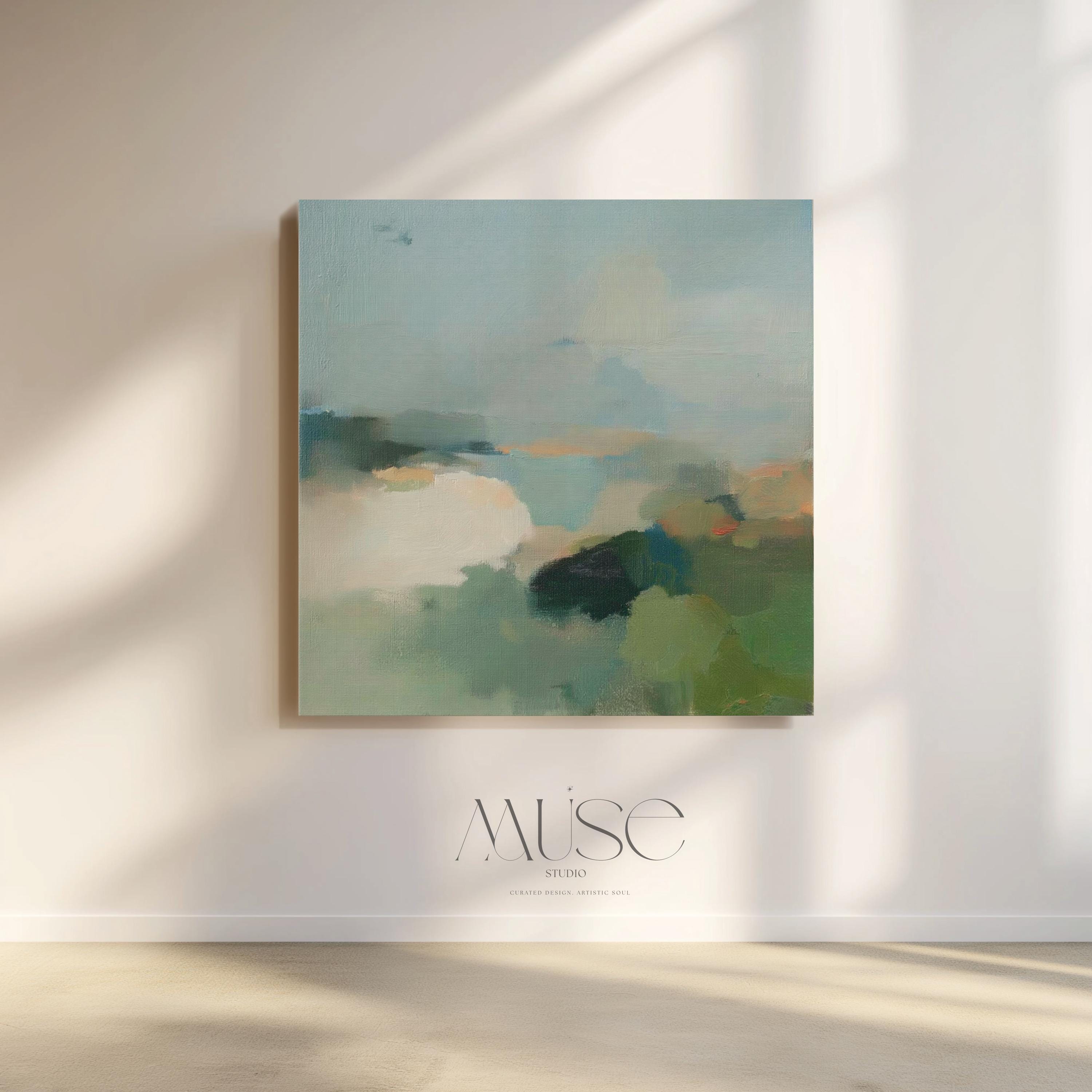 Square abstract wall art in soft greens, muted blues, and earthy tones with a horizon-inspired design. Large canvas artwork styled for modern interiors, perfect for living rooms, bedrooms, or entryways. A calming, nature-inspired piece that complements soft contemporary, coastal, and warm minimalist decor. Available as gallery-wrapped canvas, framed canvas, or fine art print.