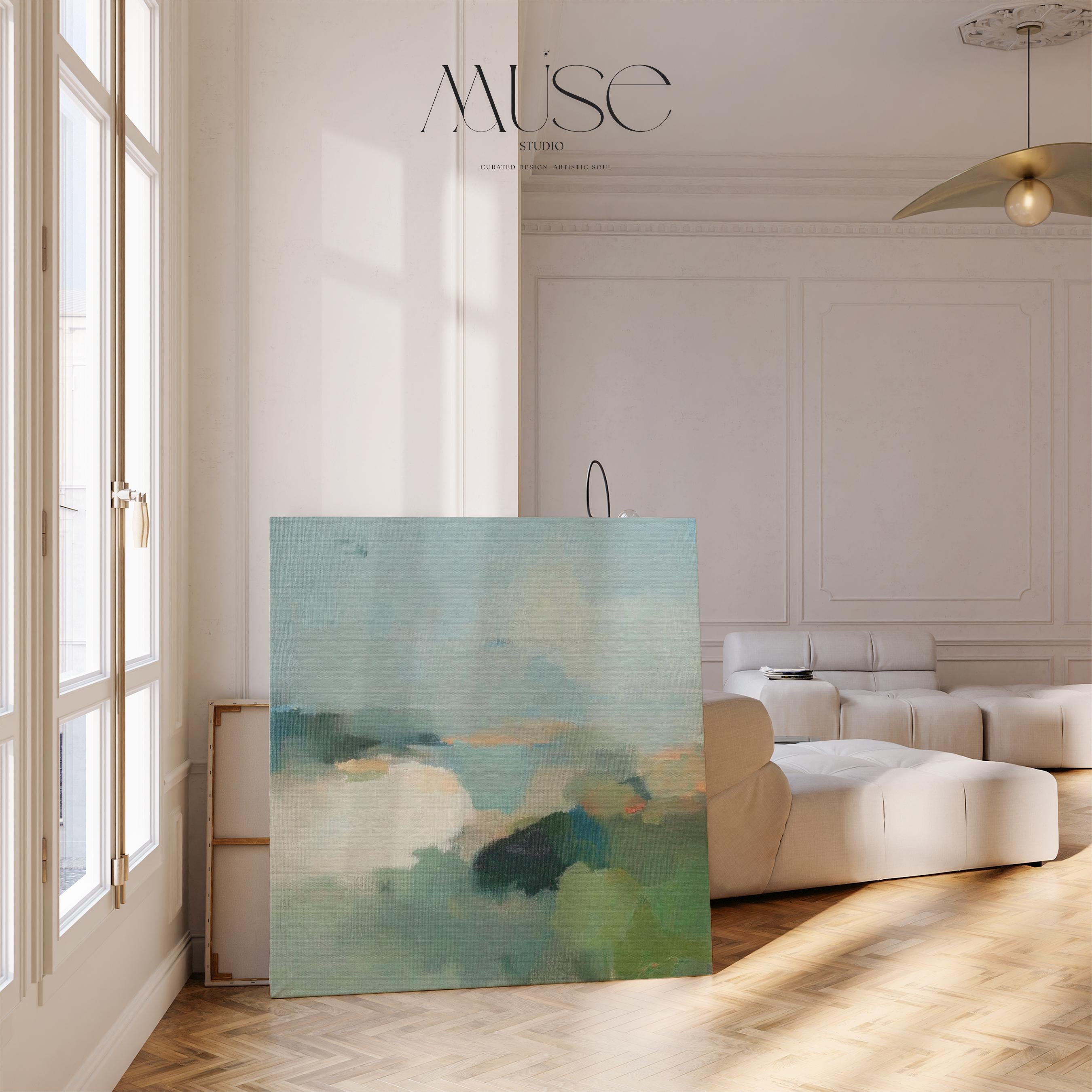 Square abstract wall art in soft greens, muted blues, and earthy tones with a horizon-inspired design. Large canvas artwork styled for modern interiors, perfect for living rooms, bedrooms, or entryways. A calming, nature-inspired piece that complements soft contemporary, coastal, and warm minimalist decor. Available as gallery-wrapped canvas, framed canvas, or fine art print.
