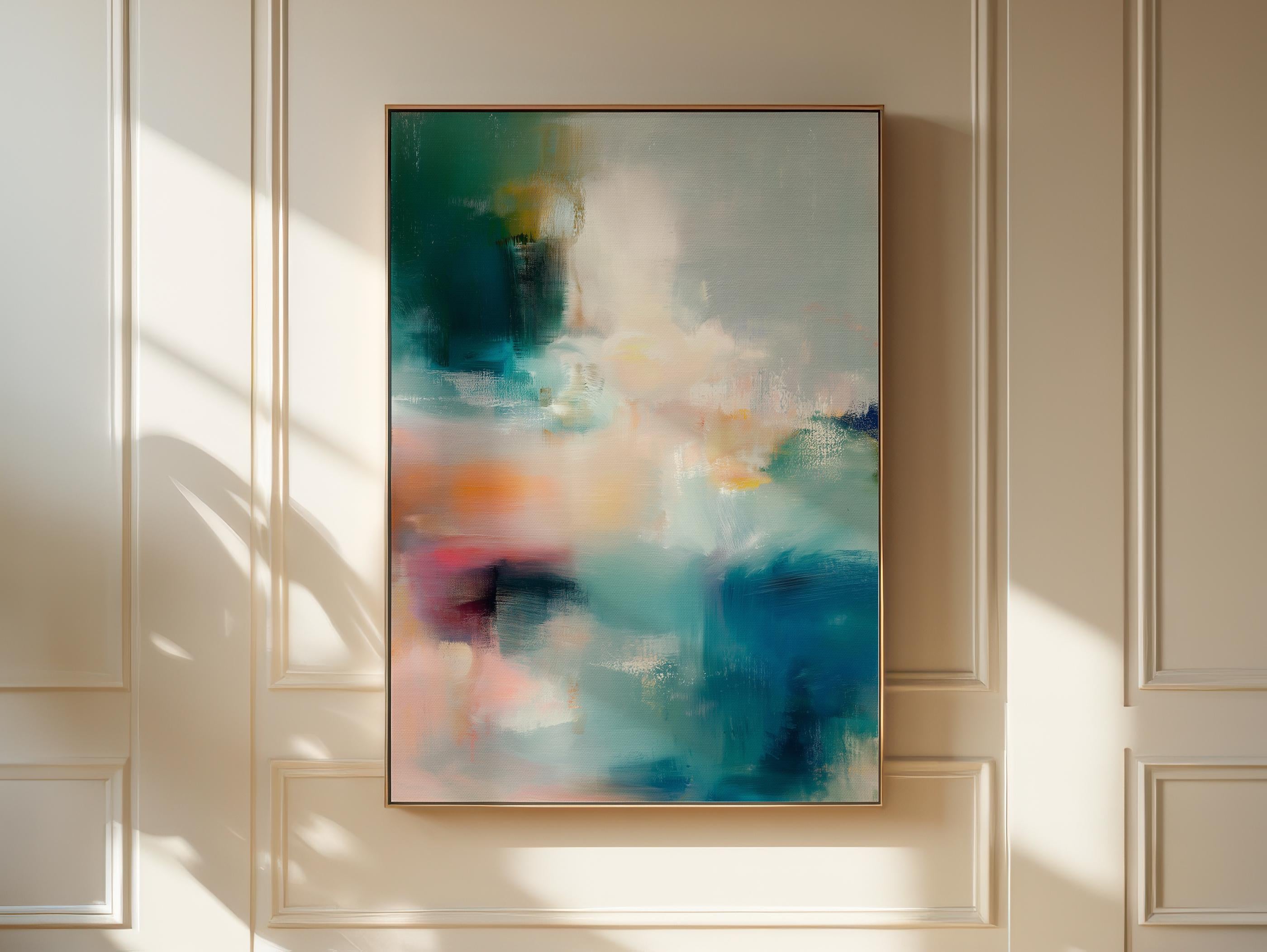Vertical abstract canvas wall art featuring teal, coral, blush, and warm tones blended in painterly textures. Contemporary large artwork framed in wood, perfect for living room, bedroom, or office statement decor. Designed to suit transitional, modern, and soft contemporary interiors. Available as canvas wall art, framed canvas, or fine art print.