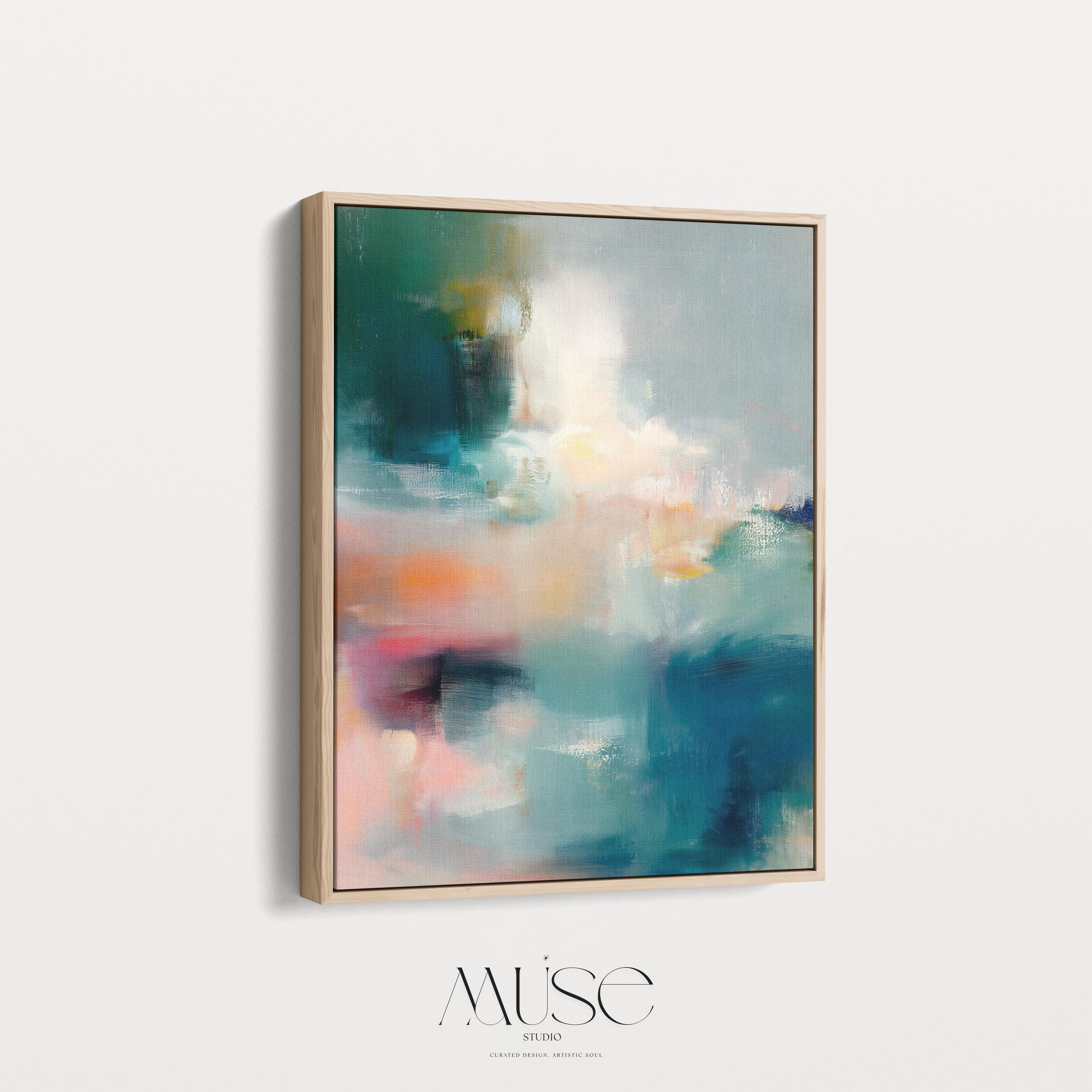 Vertical abstract canvas wall art featuring teal, coral, blush, and warm tones blended in painterly textures. Contemporary large artwork framed in wood, perfect for living room, bedroom, or office statement decor. Designed to suit transitional, modern, and soft contemporary interiors. Available as canvas wall art, framed canvas, or fine art print.