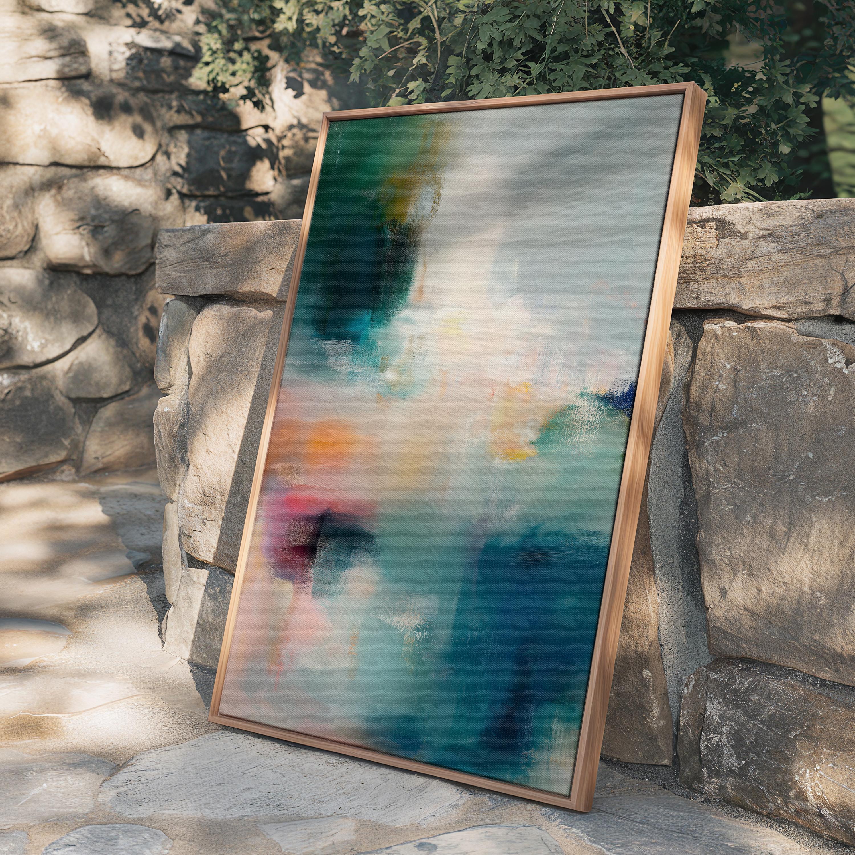 Vertical abstract canvas wall art featuring teal, coral, blush, and warm tones blended in painterly textures. Contemporary large artwork framed in wood, perfect for living room, bedroom, or office statement decor. Designed to suit transitional, modern, and soft contemporary interiors. Available as canvas wall art, framed canvas, or fine art print.
