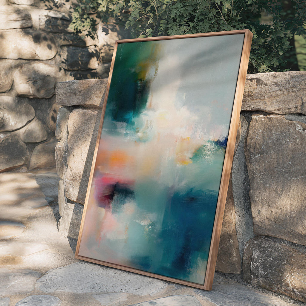 Vertical abstract canvas wall art featuring teal, coral, blush, and warm tones blended in painterly textures. Contemporary large artwork framed in wood, perfect for living room, bedroom, or office statement decor. Designed to suit transitional, modern, and soft contemporary interiors. Available as canvas wall art, framed canvas, or fine art print.