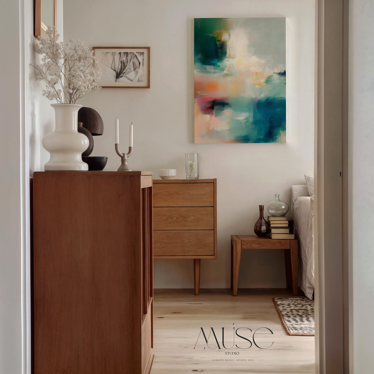 Large vertical abstract canvas wall art featuring teal, coral, blush, and ivory tones with soft painterly textures. Contemporary oversized wall decor perfect for living room, bedroom, or above a fireplace. Framed or unframed canvas art designed for transitional, soft contemporary, and modern interiors.