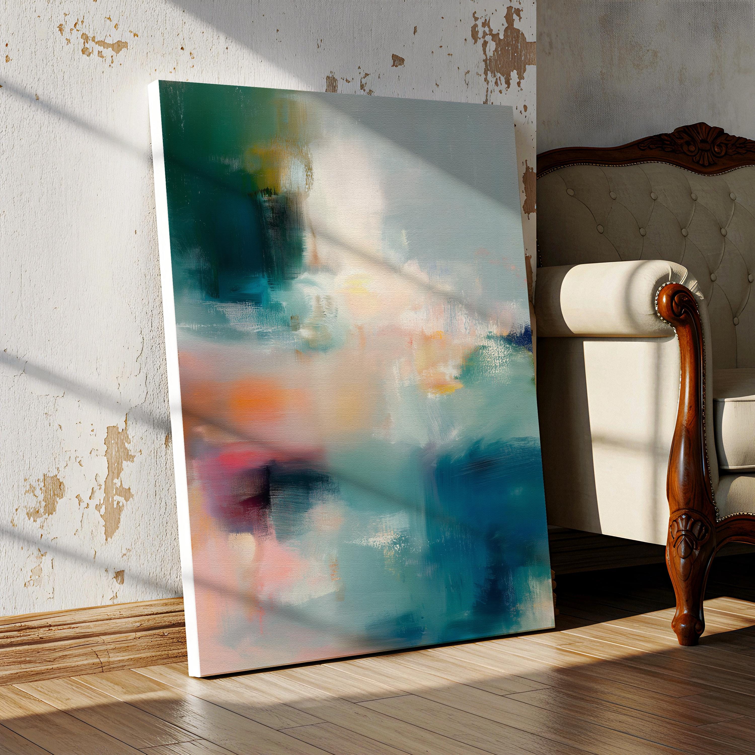 Large vertical abstract canvas wall art featuring teal, coral, blush, and ivory tones with soft painterly textures. Contemporary oversized wall decor perfect for living room, bedroom, or above a fireplace. Framed or unframed canvas art designed for transitional, soft contemporary, and modern interiors.