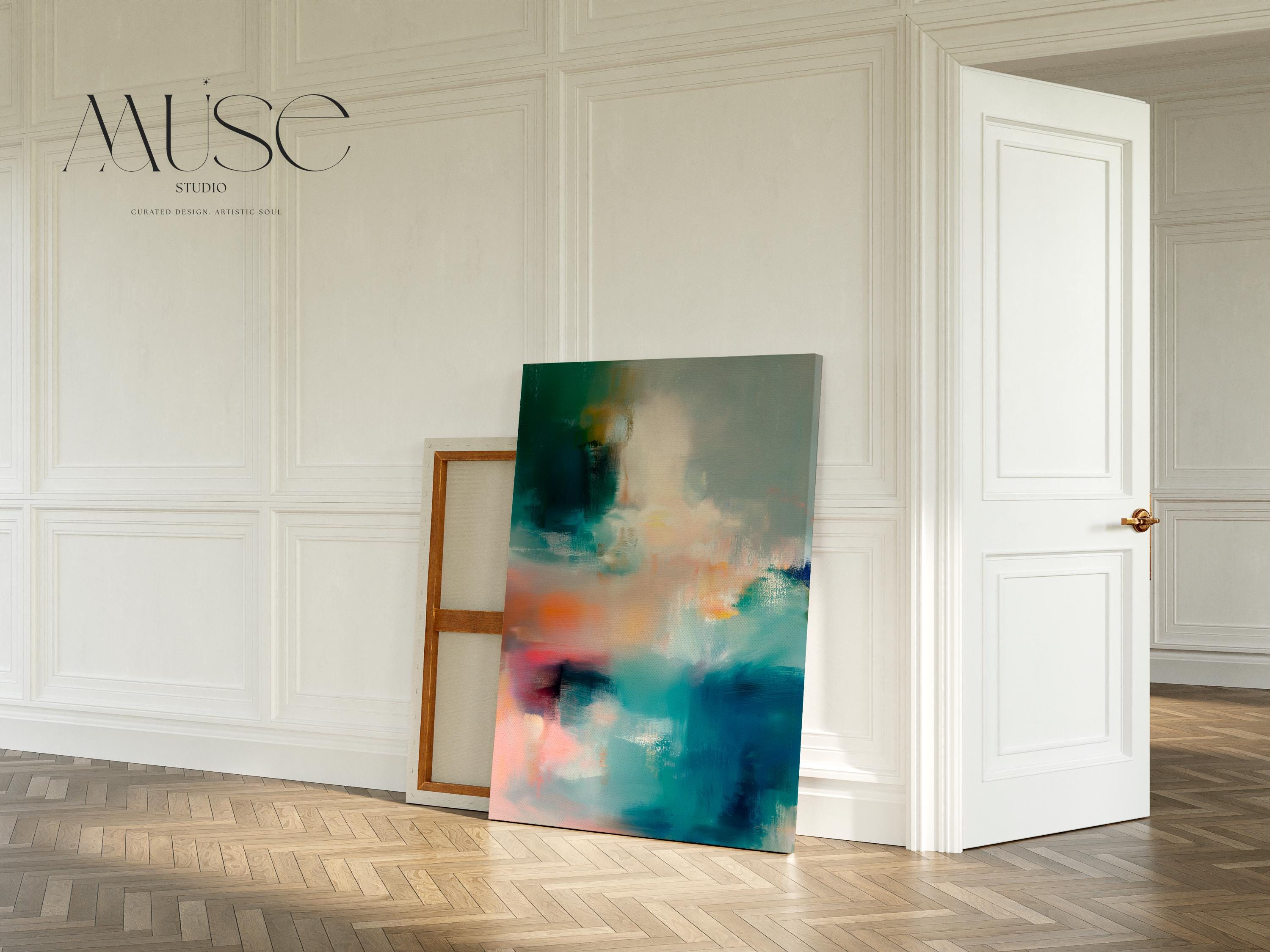 Large vertical abstract canvas wall art featuring teal, coral, blush, and ivory tones with soft painterly textures. Contemporary oversized wall decor perfect for living room, bedroom, or above a fireplace. Framed or unframed canvas art designed for transitional, soft contemporary, and modern interiors.
