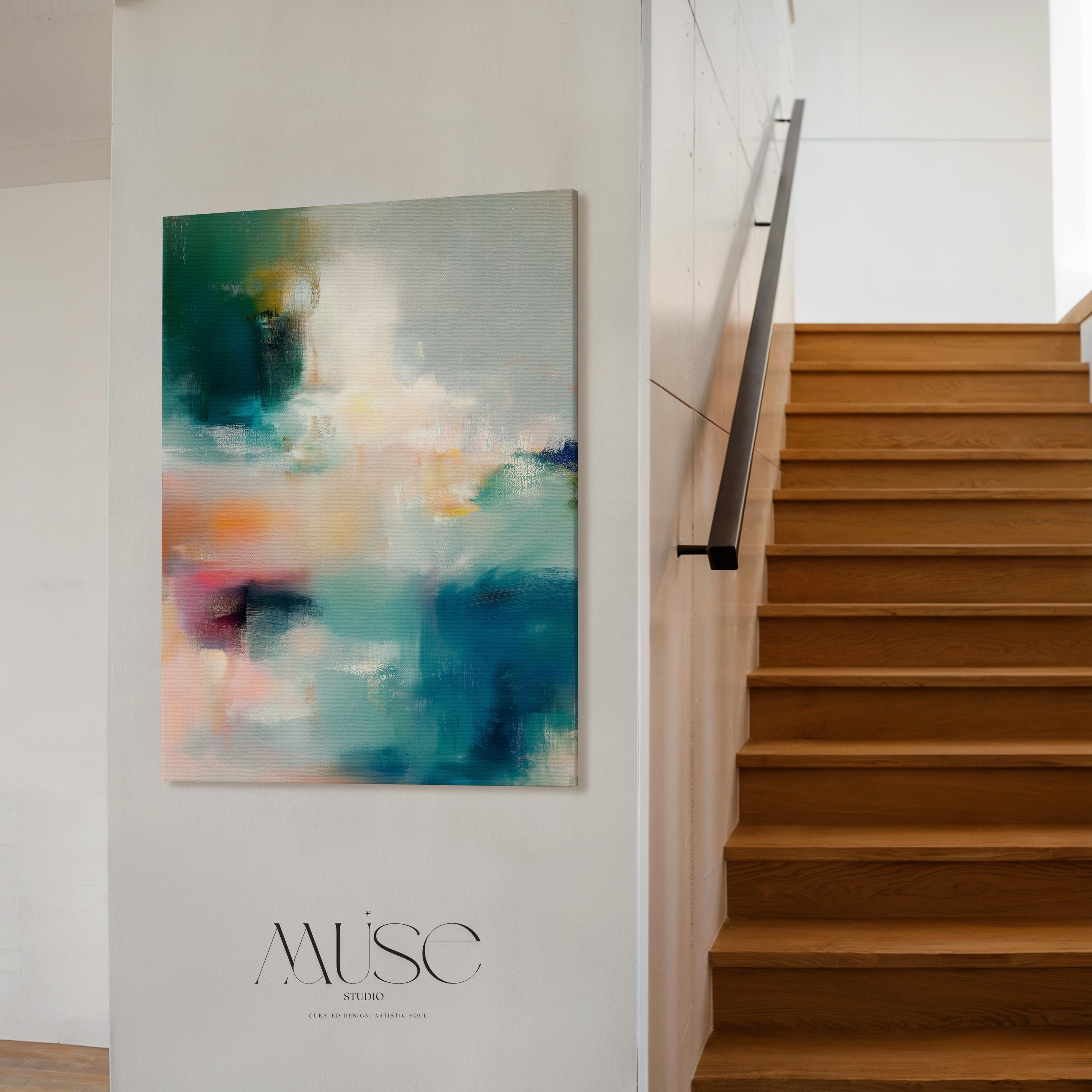 Large vertical abstract canvas wall art featuring teal, coral, blush, and ivory tones with soft painterly textures. Contemporary oversized wall decor perfect for living room, bedroom, or above a fireplace. Framed or unframed canvas art designed for transitional, soft contemporary, and modern interiors.