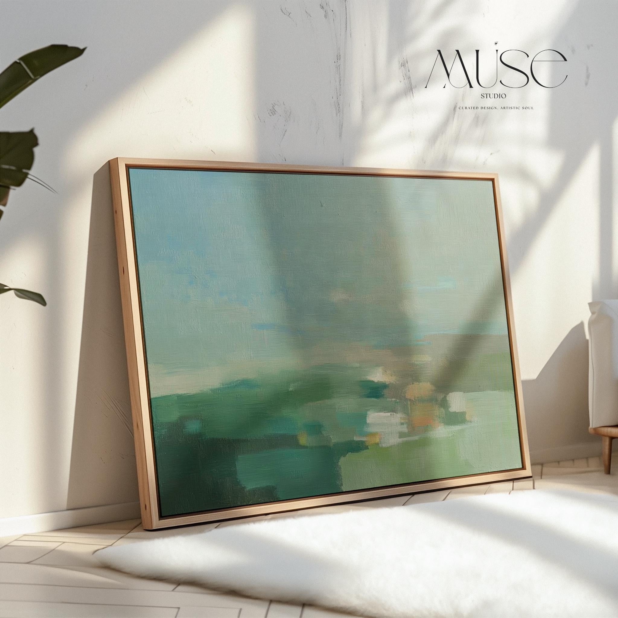 Horizontal abstract wall art in green, aqua, and muted blue tones, styled as a soft nature-inspired landscape. Perfect for warm minimalist, transitional, and serene interiors such as living rooms, dining spaces, or entryways. Available as gallery-wrapped canvas, framed canvas, or fine art print.