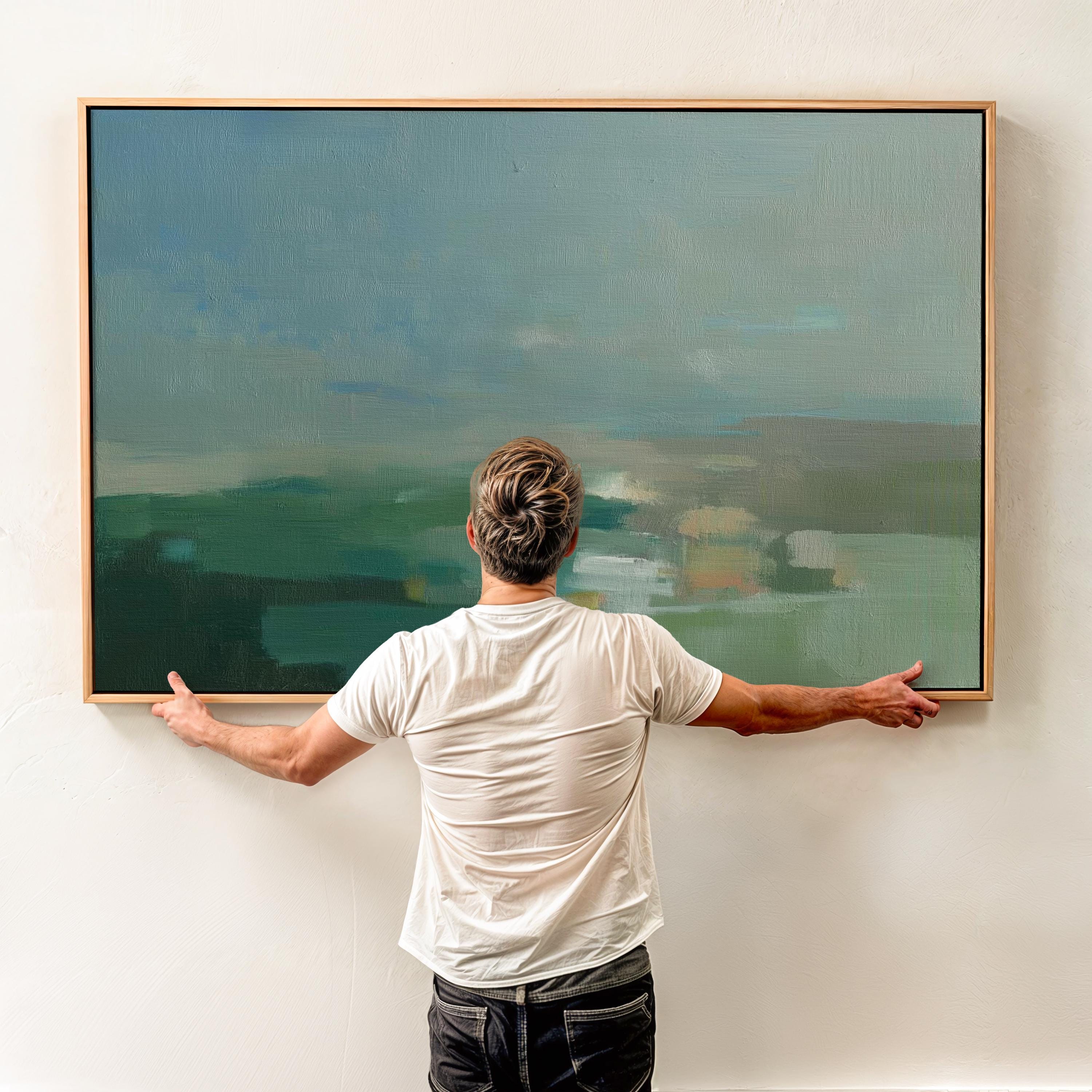Horizontal abstract wall art in green, aqua, and muted blue tones, styled as a soft nature-inspired landscape. Perfect for warm minimalist, transitional, and serene interiors such as living rooms, dining spaces, or entryways. Available as gallery-wrapped canvas, framed canvas, or fine art print.