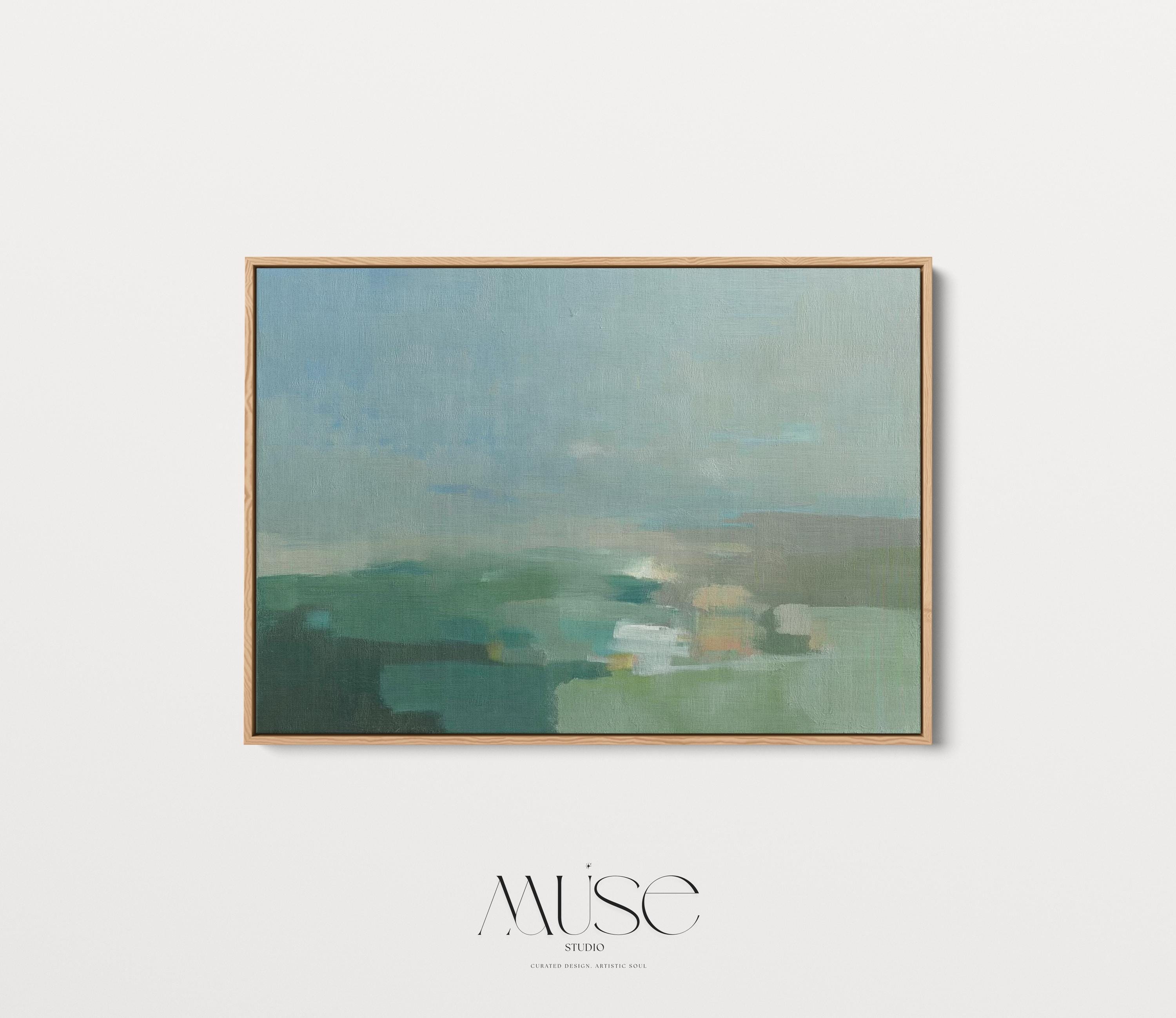 Horizontal abstract wall art in green, aqua, and muted blue tones, styled as a soft nature-inspired landscape. Perfect for warm minimalist, transitional, and serene interiors such as living rooms, dining spaces, or entryways. Available as gallery-wrapped canvas, framed canvas, or fine art print.