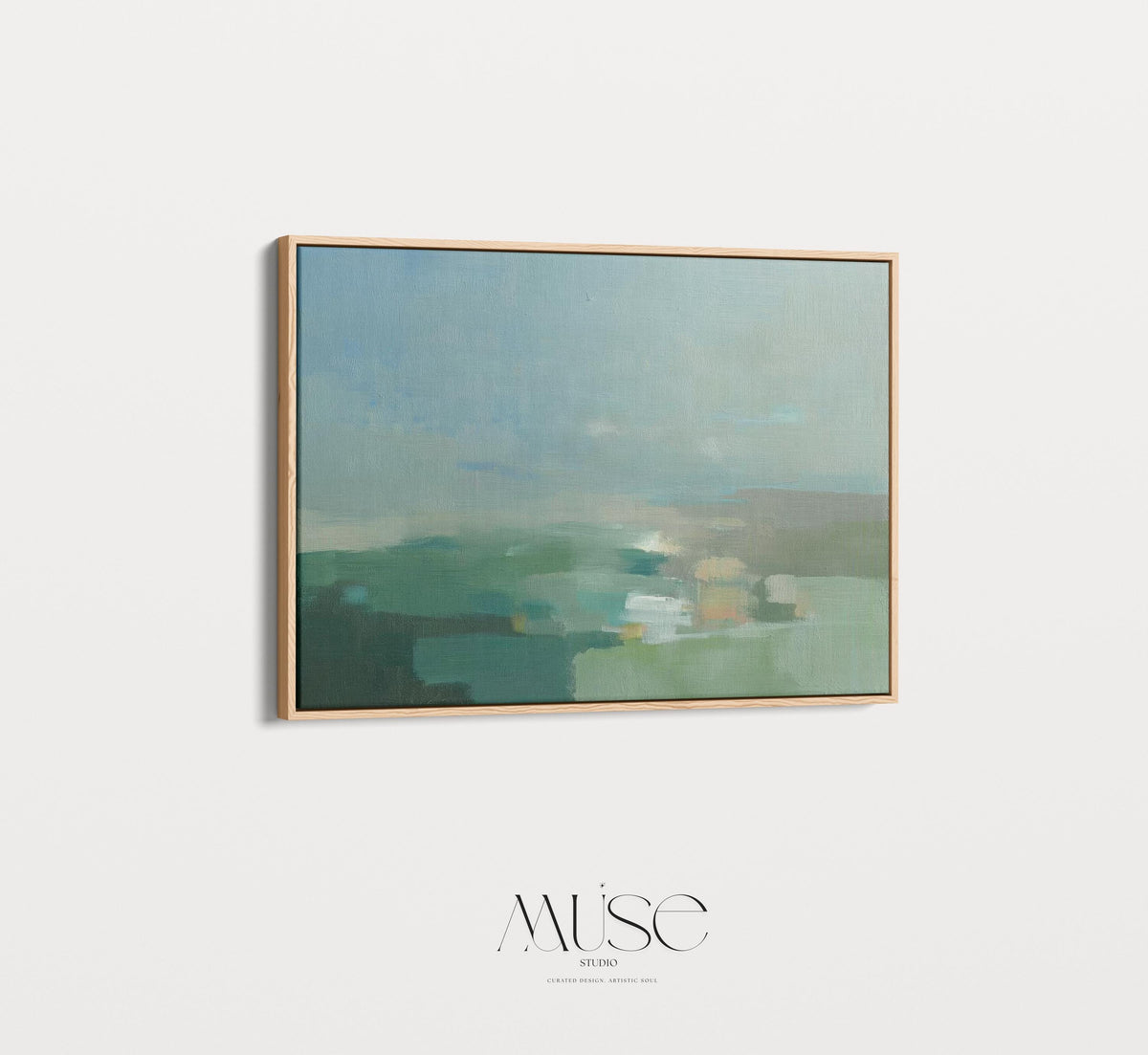 Horizontal abstract wall art in green, aqua, and muted blue tones, styled as a soft nature-inspired landscape. Perfect for warm minimalist, transitional, and serene interiors such as living rooms, dining spaces, or entryways. Available as gallery-wrapped canvas, framed canvas, or fine art print.