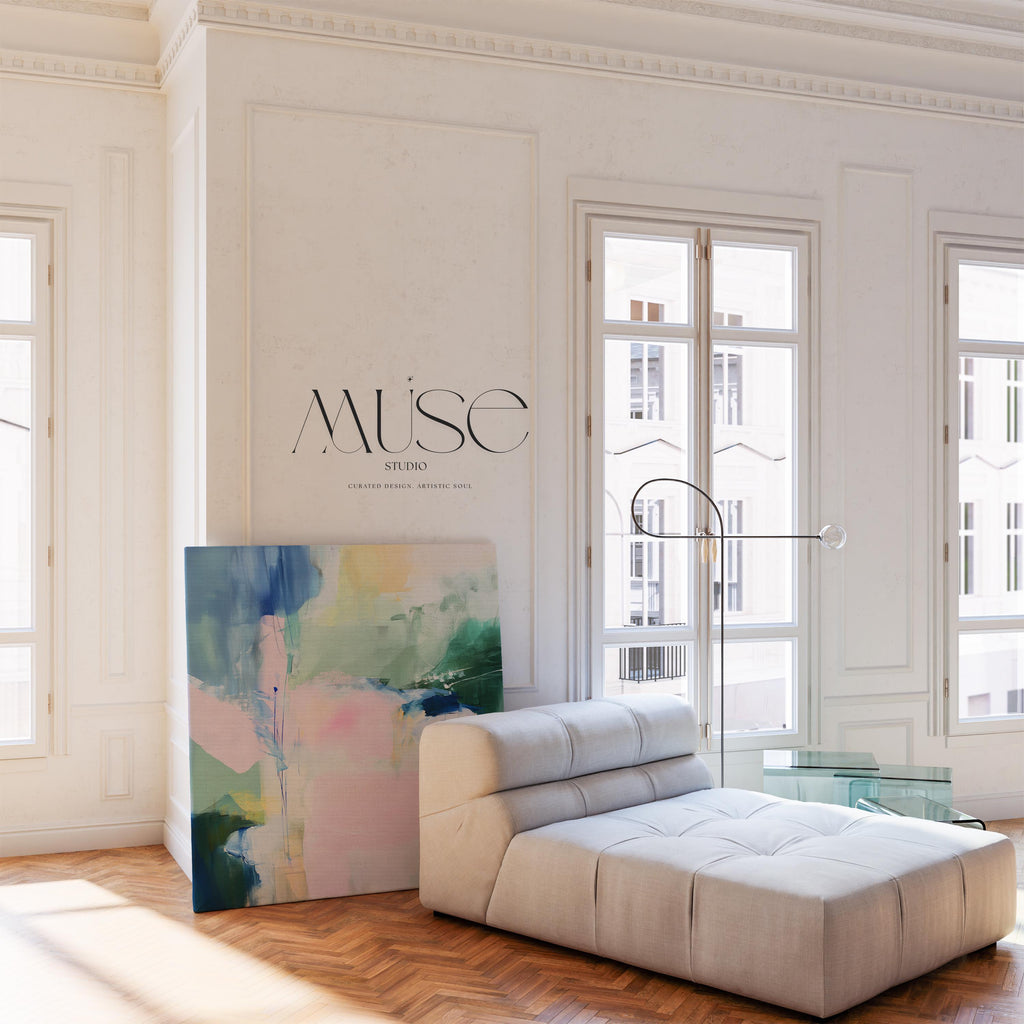 Muse Studio Aurora Bloom 421 large square pastel abstract canvas wall art in blush pink, sage green, soft blue, and ivory with painterly modern contemporary styling printed with museum-grade giclée inks on premium gallery-wrapped artist canvas for living room, bedroom, or office decor.