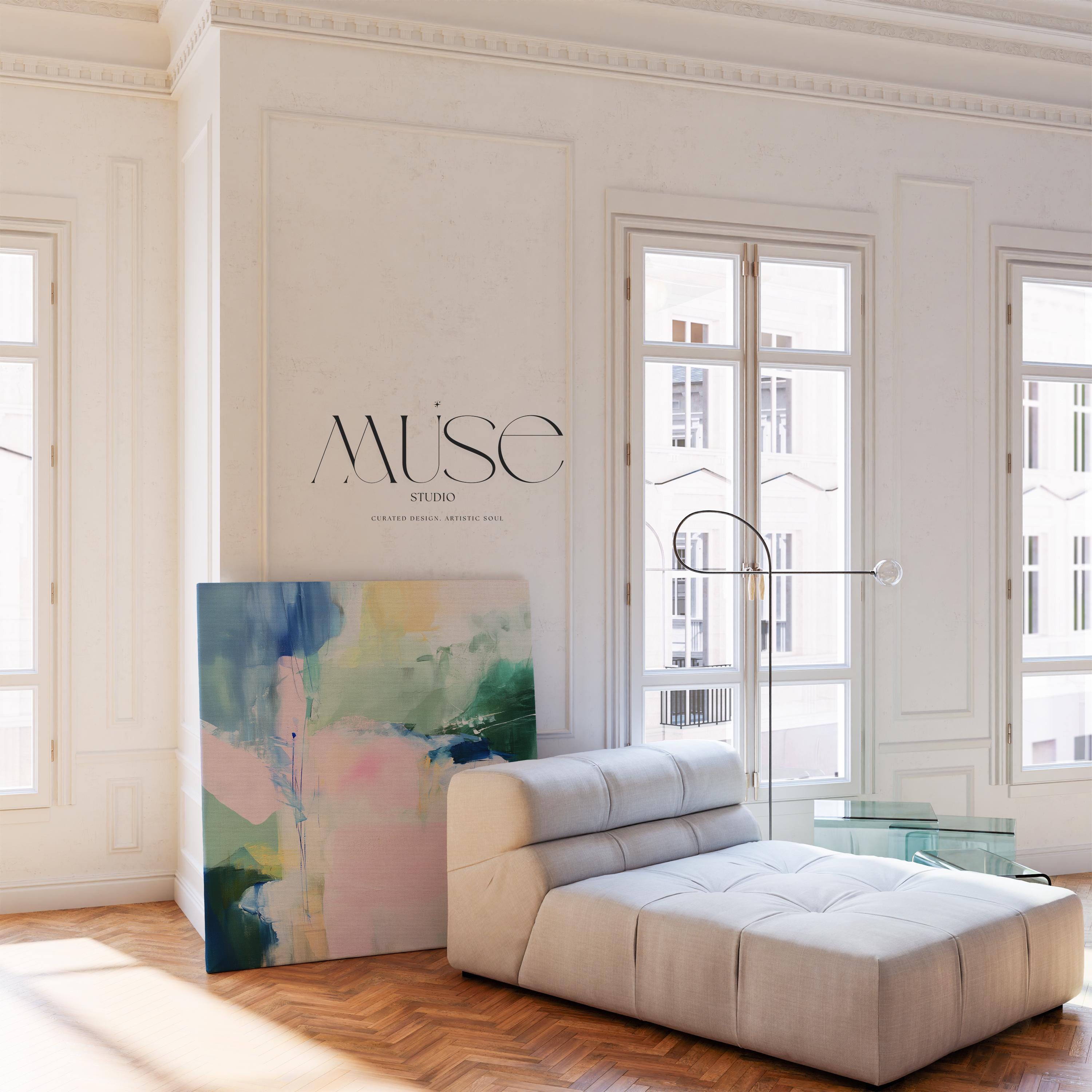 Muse Studio Aurora Bloom 421 large square pastel abstract canvas wall art in blush pink, sage green, soft blue, and ivory with painterly modern contemporary styling printed with museum-grade giclée inks on premium gallery-wrapped artist canvas for living room, bedroom, or office decor.