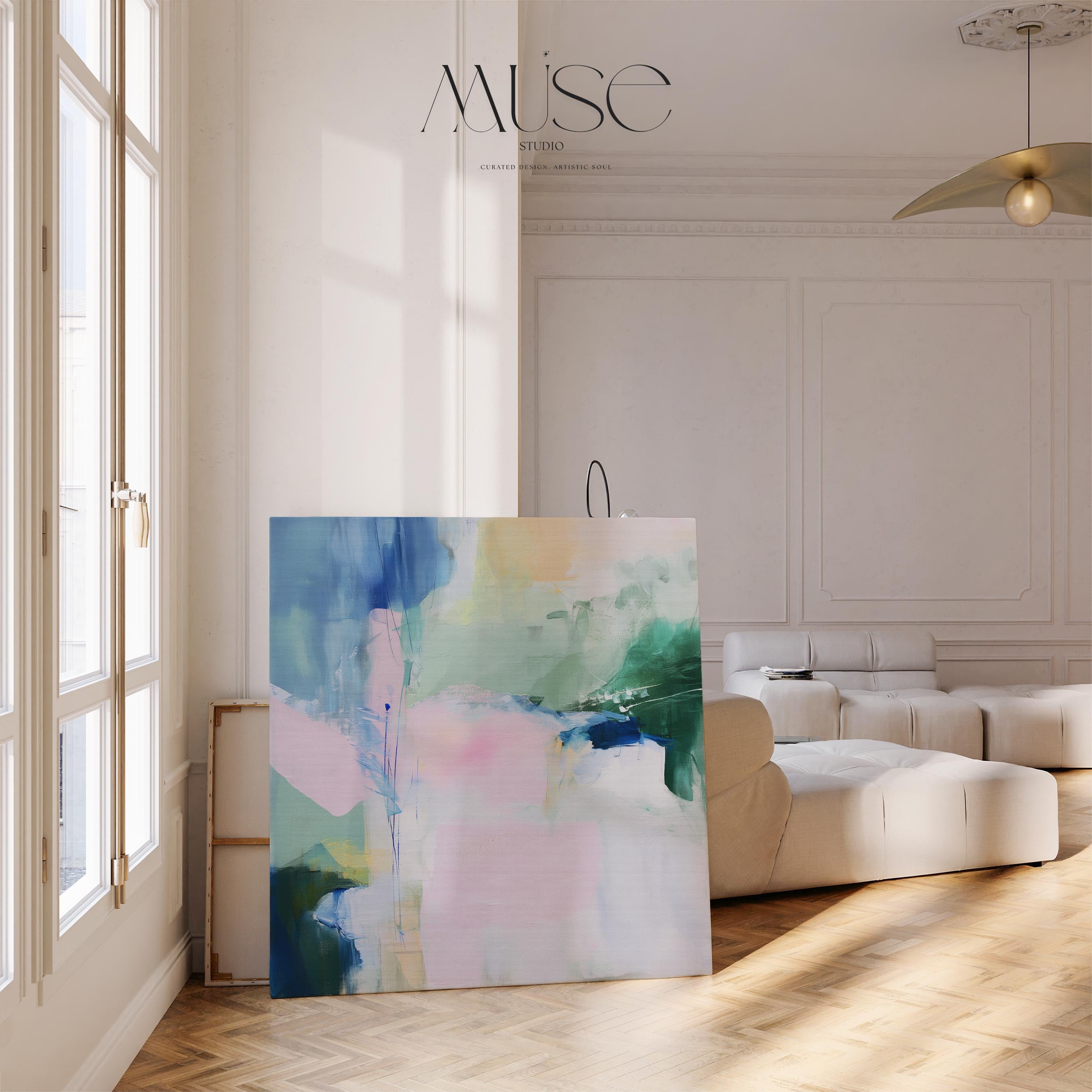 Muse Studio Aurora Bloom 421 large square pastel abstract canvas wall art in blush pink, sage green, soft blue, and ivory with painterly modern contemporary styling printed with museum-grade giclée inks on premium gallery-wrapped artist canvas for living room, bedroom, or office decor.